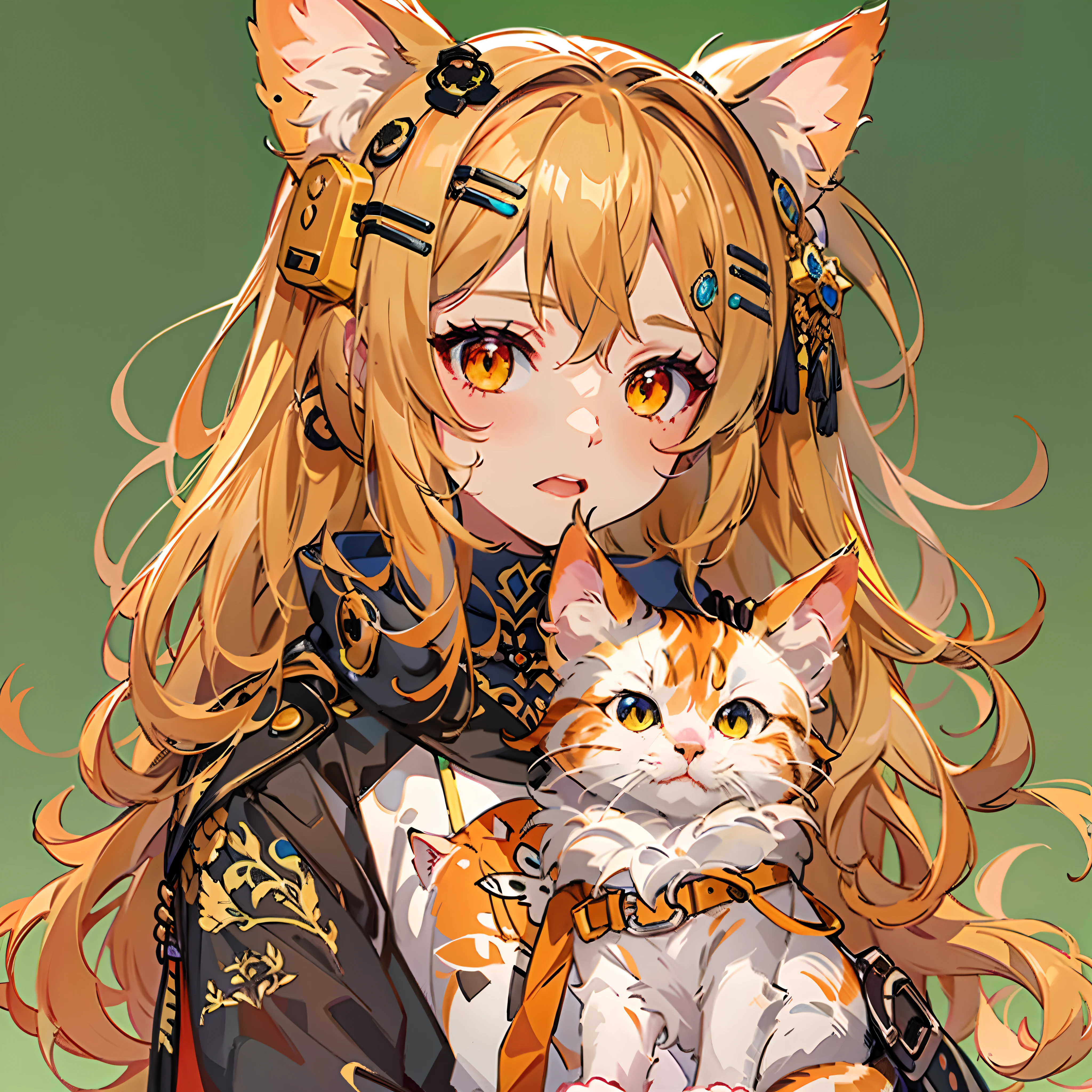 Sigh, Cat lady, adolable, Royal Sister, Cat ears, , Tsundere, futurism, Anime style, High detail, Masterpiece, 16k, ccurate,orange cat,s girl
