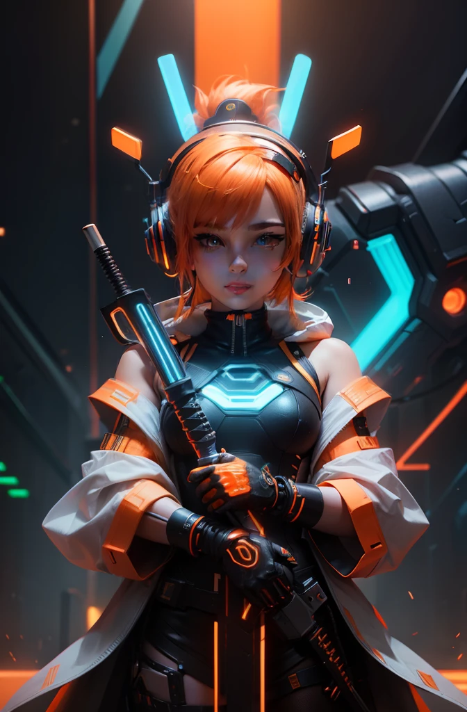 3d, background detail, body neon detail, headphones, cute face, beautiful face, crown, orange hair, orange neon body effect, sword, cyberpunk, neon background, red neon body effect, Nvidia, orange transparan eye shield