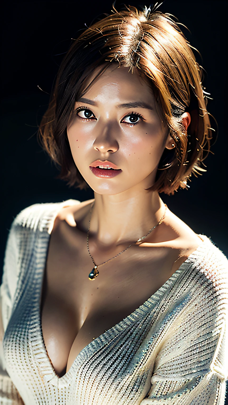 (Best quality, 8k, 32k, Masterpiece, UHD:1.2),Photo of Pretty Japanese woman, large breasts, very short bob hair,upper body,face focus,oversized_sweater, necklace, simple background, from above, looking at viewer,