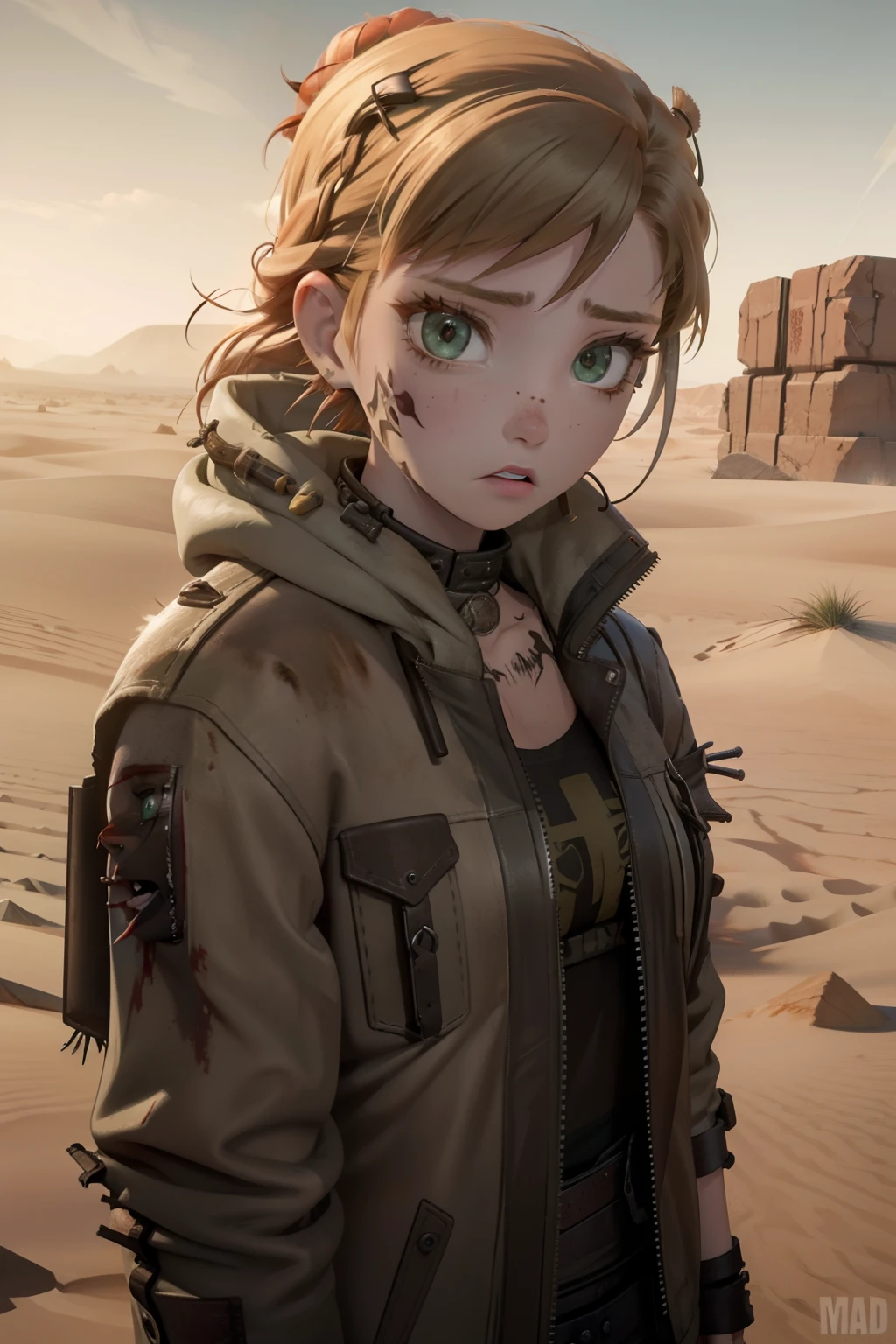 Anna, post apocalyptic, desert, mad max, scarred, Post apocalyptic desert wasteland, Mad max, ear piercing, nose ring, gothy, torn clothes, Long jacket, scarrred, scarred, scarred, bruised, beat up, scarred, green eyes