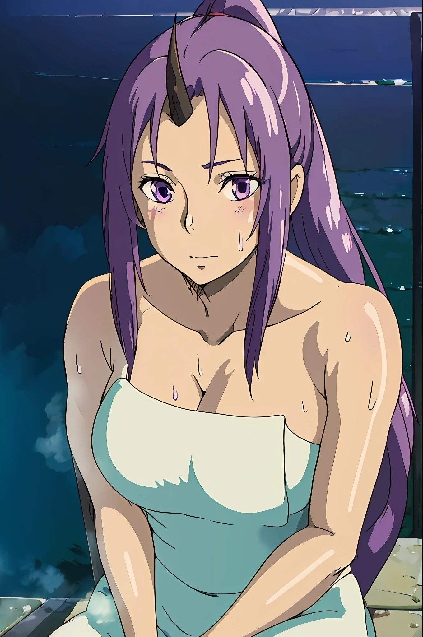 ghibli style, 1girl, pixel-shion, purple hair, purple eyes, beautiful, goddess beauty, hot, long hair, hair down, upper body, cowboy shot, solo, hot spring, water, towel, wet, , sweating, blush, sitting, looking at viewer, ((masterpiece)), ((high detailed illustration)), ((detailed background)), ((realistic light)), ((best quality)), ((beautiful lighting))