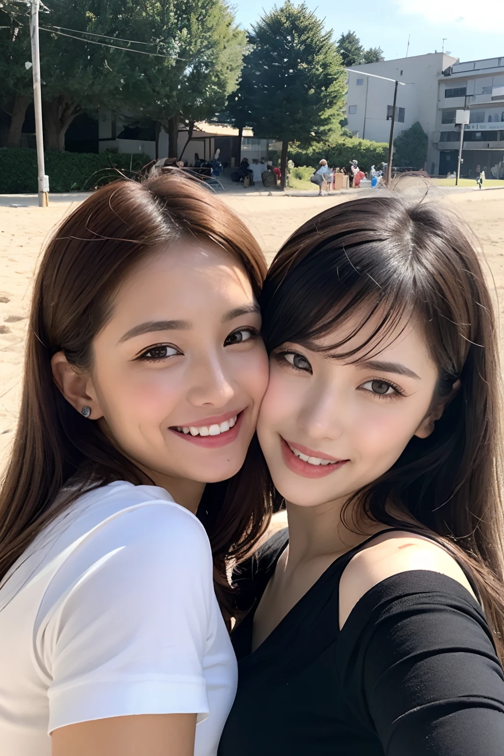 ((8K, top-quality, masterpiece, 超A high resolution, Photorealsitic:1.4)), 1girl in, A smile:1.2, Highly detailed facial and skin texture:1.1, 二重まぶた, Long straight black hair fluttering in the wind, looking at viewert, Extremely beautiful face:1.5, Beautiful lips, beautidful eyes,shinny skin, fair white skin:1.2, off shoulders:1.3,Upper body only,Beautiful earlobes,Beautiful collarbone,Open valley:1.2,Sense of clarity:1.3, Gentle smile,street corner,springtime,slender,Colossal tits:1.2, shiny necklace and earrings, Lilac light silk clothes that don't fit my size:1.5
