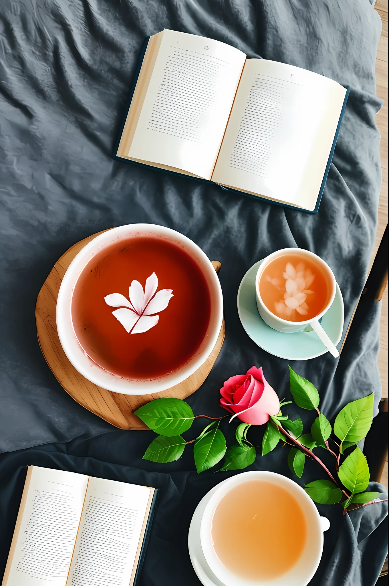 Rose and bubble tea,book,romantic atmoshere,、Artistically