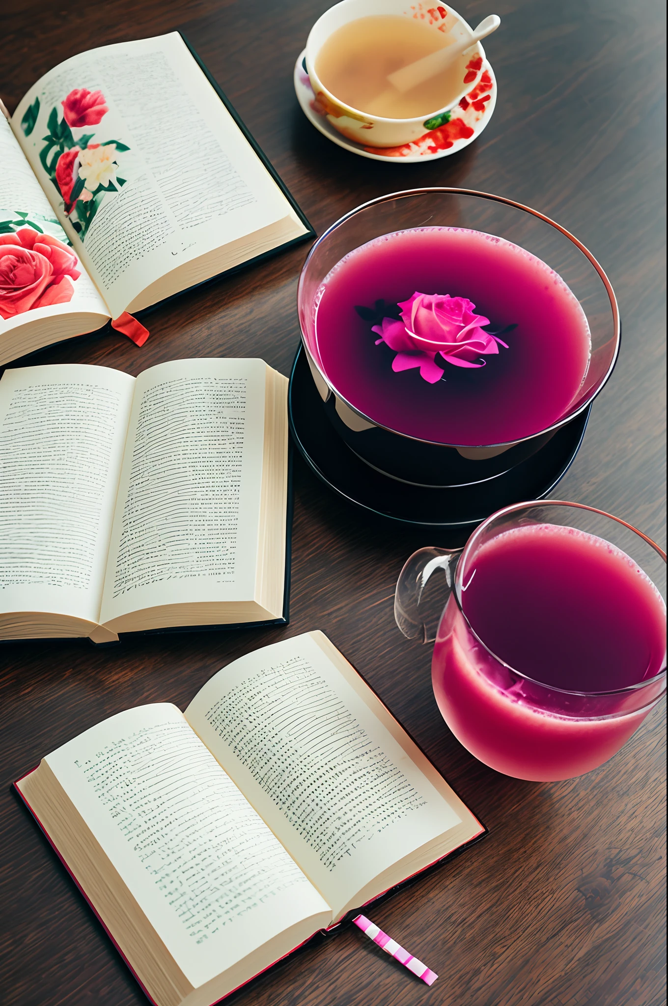 Rose and bubble tea,book,romantic atmoshere,、Artistically