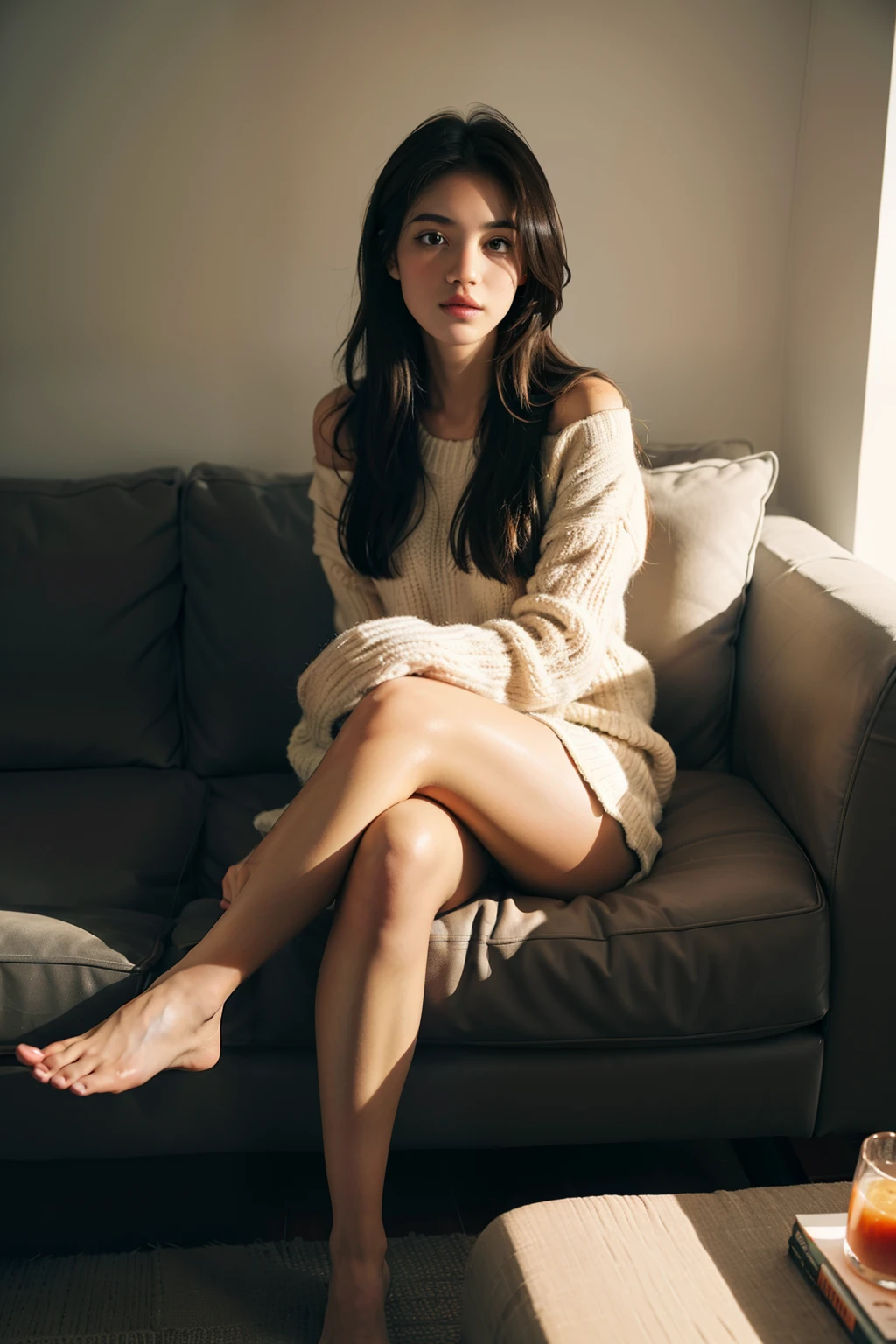1girl,sitting on a cozy couch,crossing legs,soft light