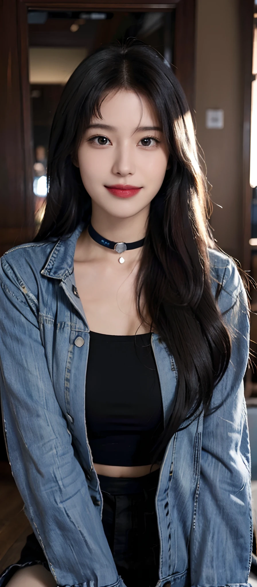 (realistic, high resolution:1.3), (face close up), 1 girl with perfect figure, super fine face and eyes, black hair, long hair, denim jacket, short skirt, inside house, big breasts, choker, smile