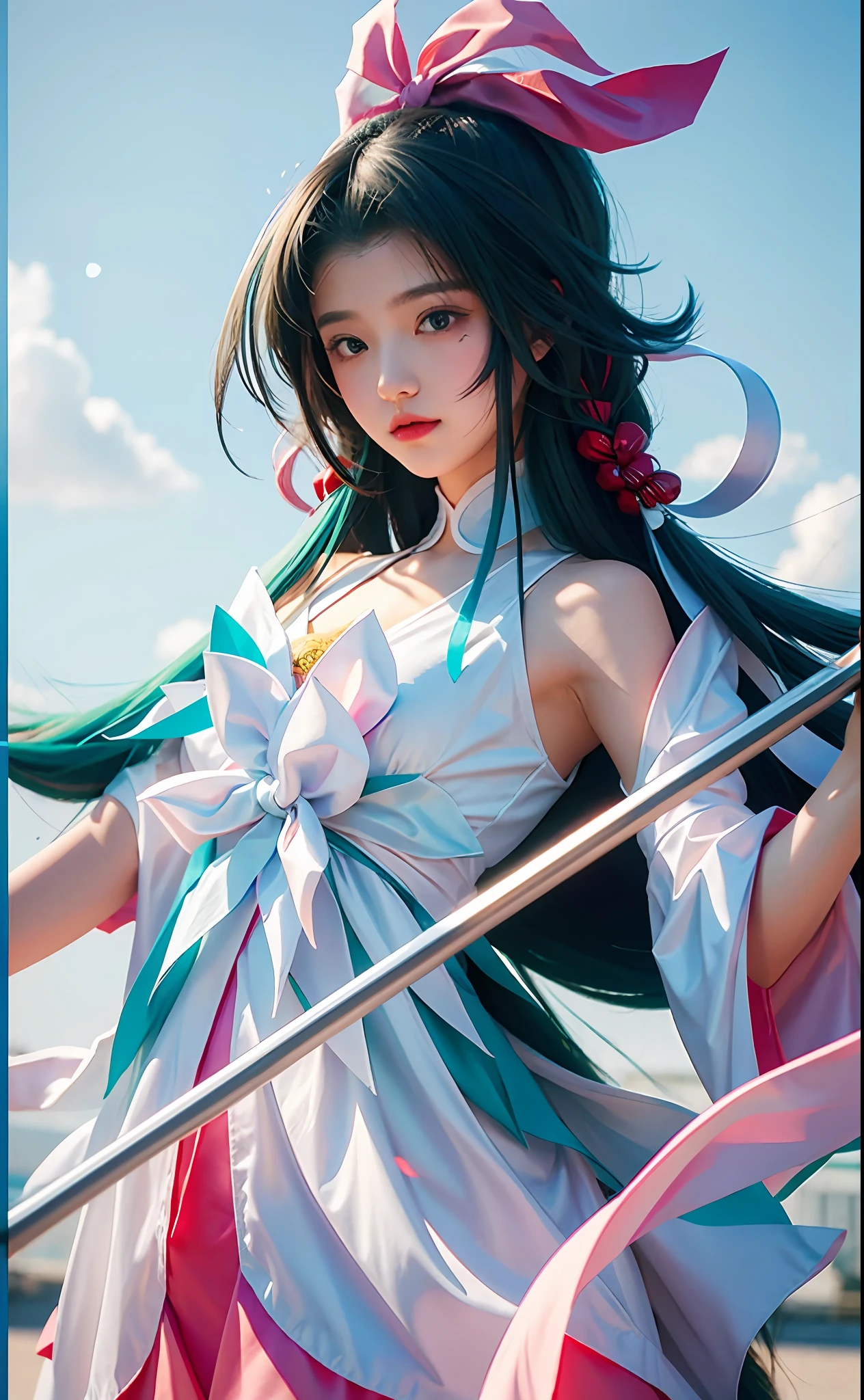 Hold long hair,Anime girl in white dress, Artgerm and Atey Ghailan, anime girl with a bow and arrow, Extremely detailed Artgerm, G Liulian art style, Artgerm Plat, bian lian, author:Shitao, Yun Ling, by Yang J, Kushatt Krenz Key Art Women