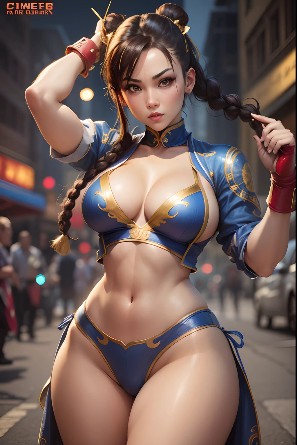 a sexy woman, chun-li outfit, Street Fighter game, braid hair, pretty face, sexy pose
