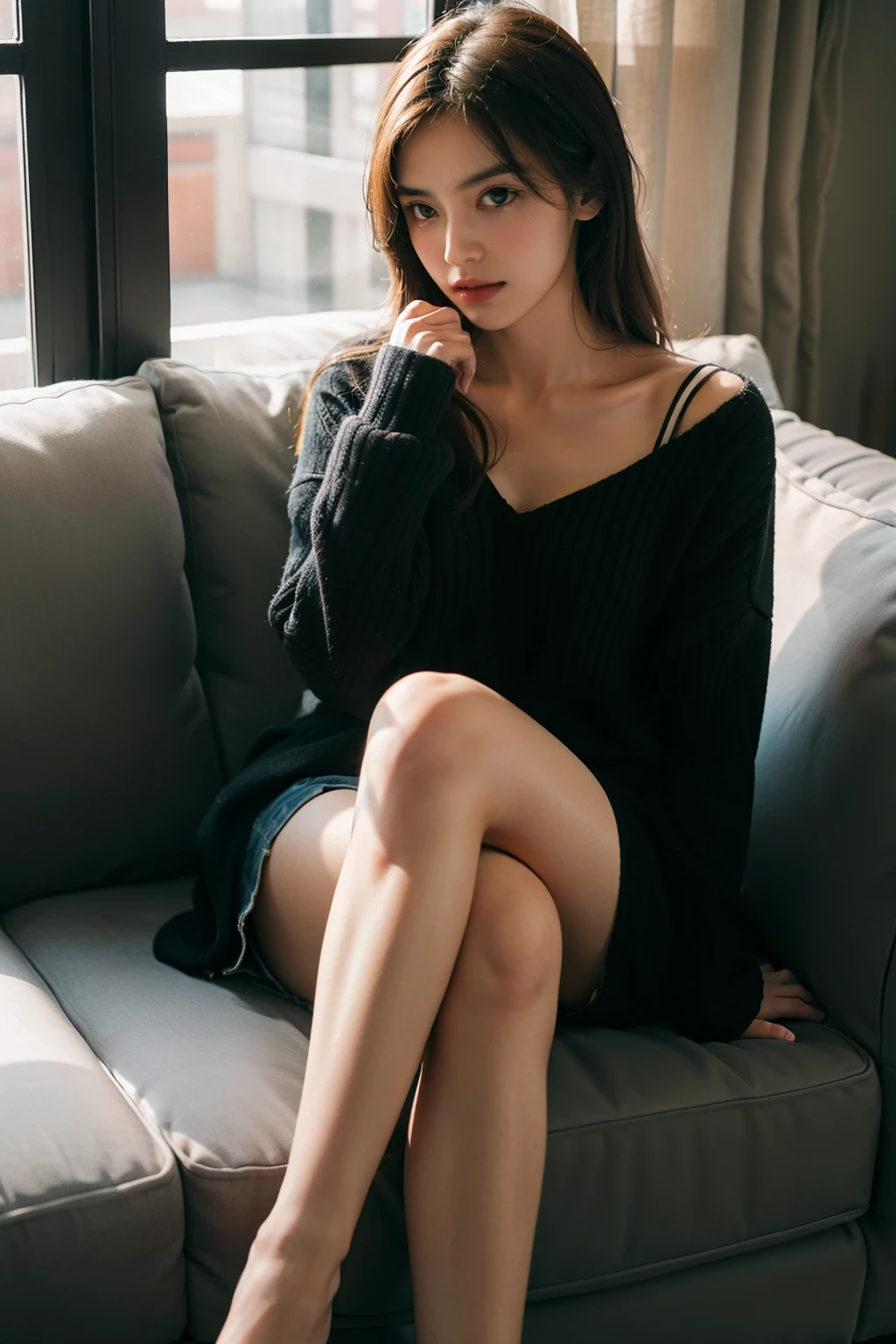 1girl,sitting on a cozy couch,crossing legs,soft light