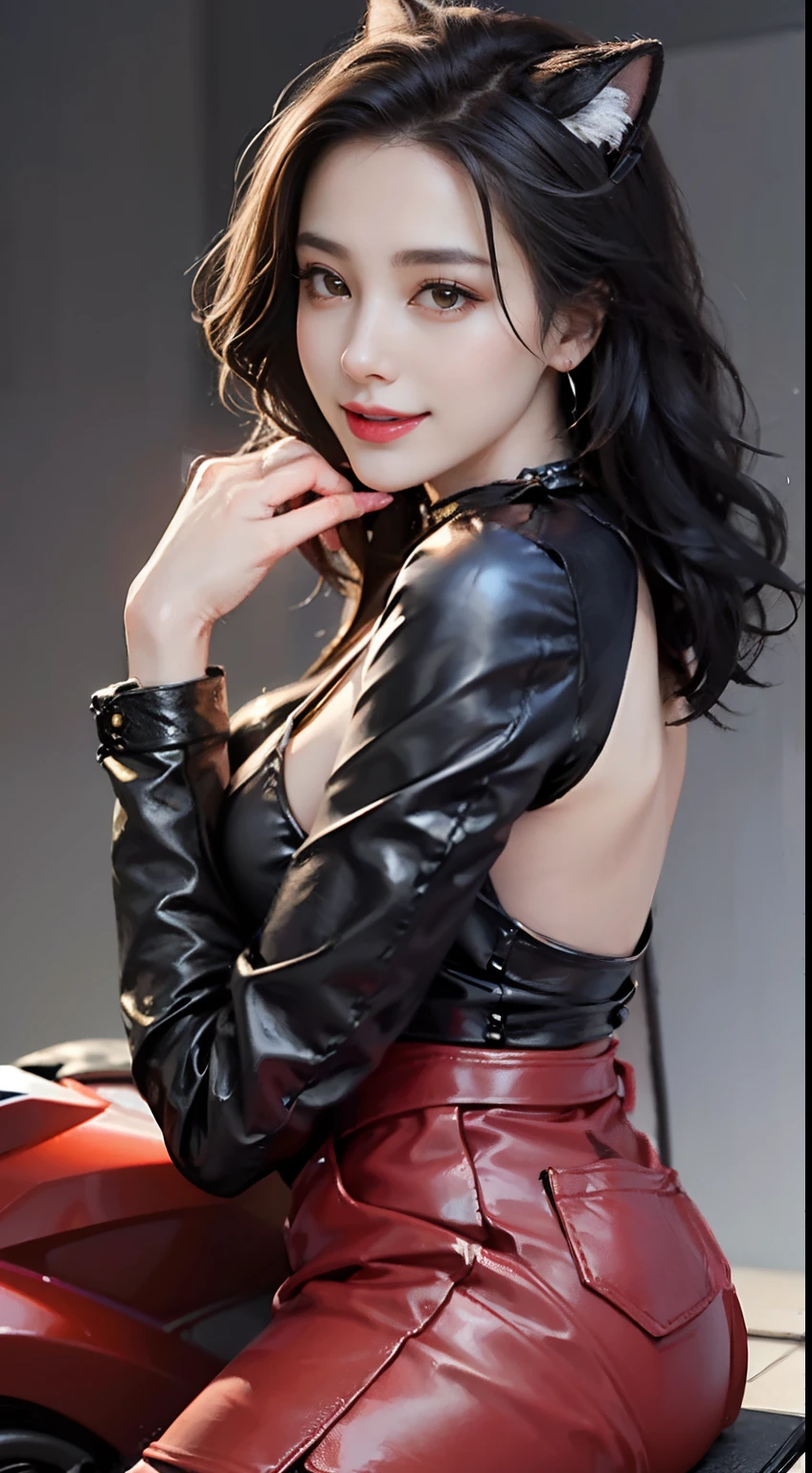 1girl, delicate and beautiful facial features, flower eye shadow and light makeup, exquisite jewelry and necklace, short delicate technology leather jacket on the upper body, delicate technical leather pants on the lower body, sitting on a red high-tech motorcycle, wearing a delicate red cat ear motorcycle helmet, smiling back, bare shoulders, showing the perfect curves and plump buttocks behind it, background special effects neon, colorful, colorful, highlighting motorcycles and girls, highest picture quality, masterpiece, high resolution, complex motorcycle details highlight future technology creation, facial features are clear and not blurred, normal human fingers,