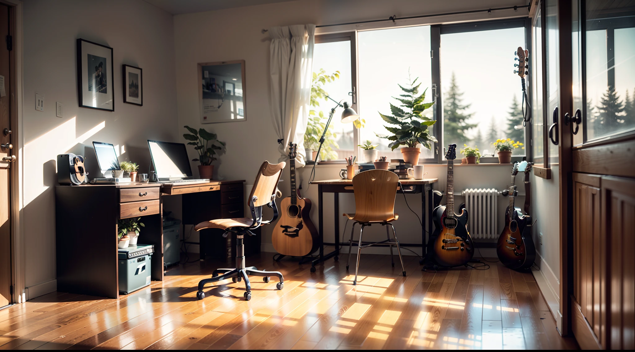 Guitarist's student room made of metal、Beautifully lit interior、Warm shades、Warm wooden floors、A window with light、Subtle music drifts in the air、A space where you can feel comfortable