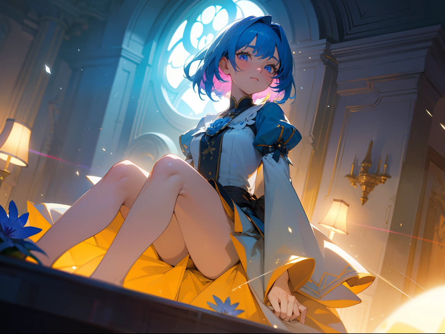 masterpiece,top-quality, Best Quality, the Extremely Detailed CG Unity 8K Wallpapers, Cinematic lighting, Lens Flare, Eyes in Beautiful Details, side glance, colorful light, Particle, portrait closeup,Cornflower Art、dream-like,hight resolution、volume illumination、contour deepening,Back lighting、Very detailed 8k wallpaper,frombelow、looking at the viewers、blush、sitted、feet focus、arms at the sides、masterpiece、top-quality、extra detailed face