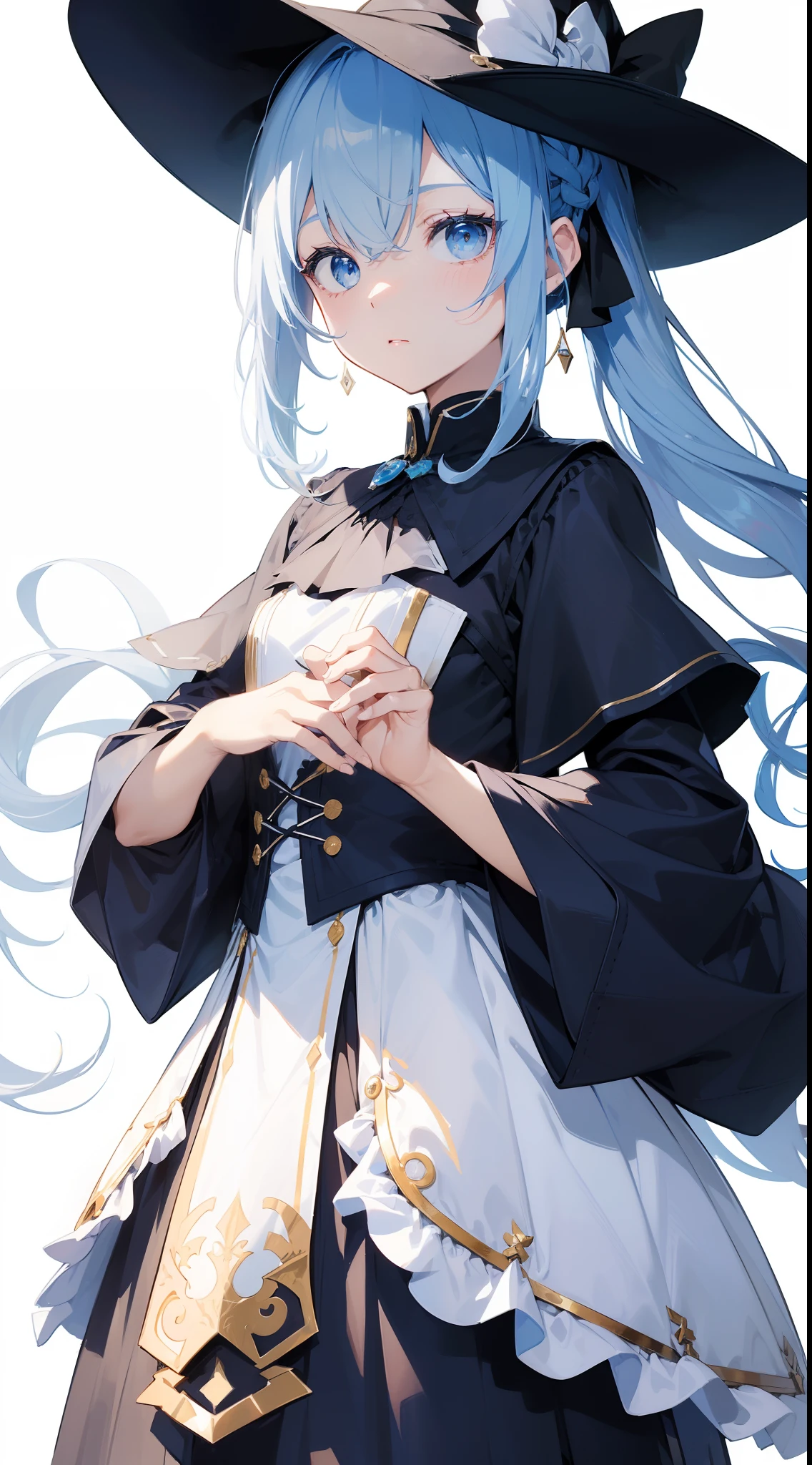 ((tmasterpiece))、(((top-quality))、(CharacterDesignSheet、Same character、gauges、Across、A sole)、illustratio、1 rapariga、、By bangs、Light blue eyes、environment change scene、hairstyle fax、Pose Jitai、femele、Light blue hair、twosideup、There is a light blue ribbon on the head、Witch outfit、(simple background、White background:1.3)、