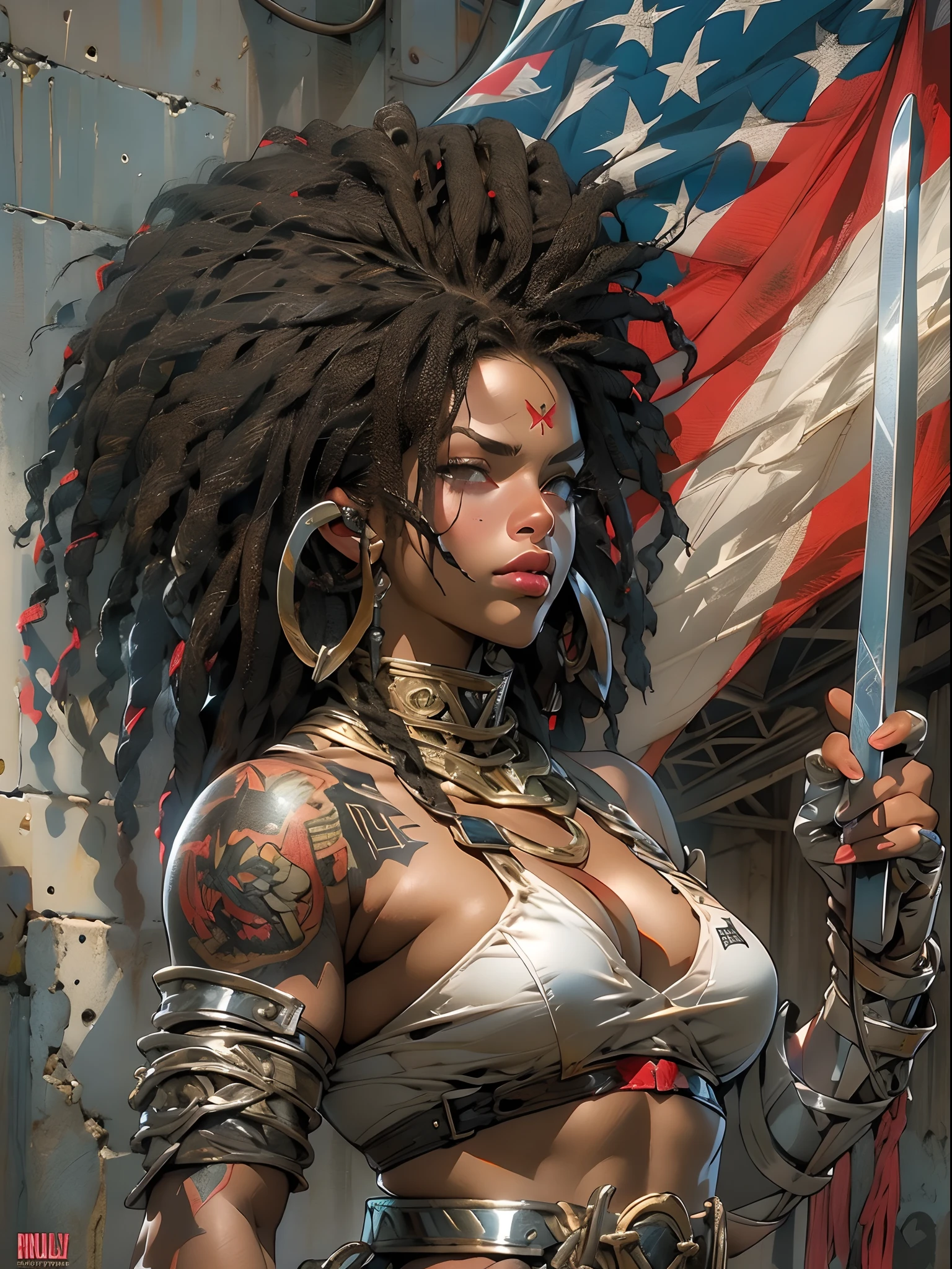 (((mulher))), (((melhor qualidade))), (((obra prima))), (((adulta))), Uma guerreira mulher negra de 35 anos Afro com corpo perfeito, Brooklyn Gladiators, hand with steel gloves and metal tips, (( under boobs )), (( Tiny thong )), quase nua no estilo selvagem urbano de Simon Bisley para a capa da revista 2000 A.D., cabelo loiro, Minimum clothing, armadura (roupa feita com a bandeira dos Estados Unidos ), cheio de pontas e rebites manchadas de tinta, tatuagem de estrelas de 5 pontas, (((corpo inteiro))), cabelo afro, cabelo com dreadlocks