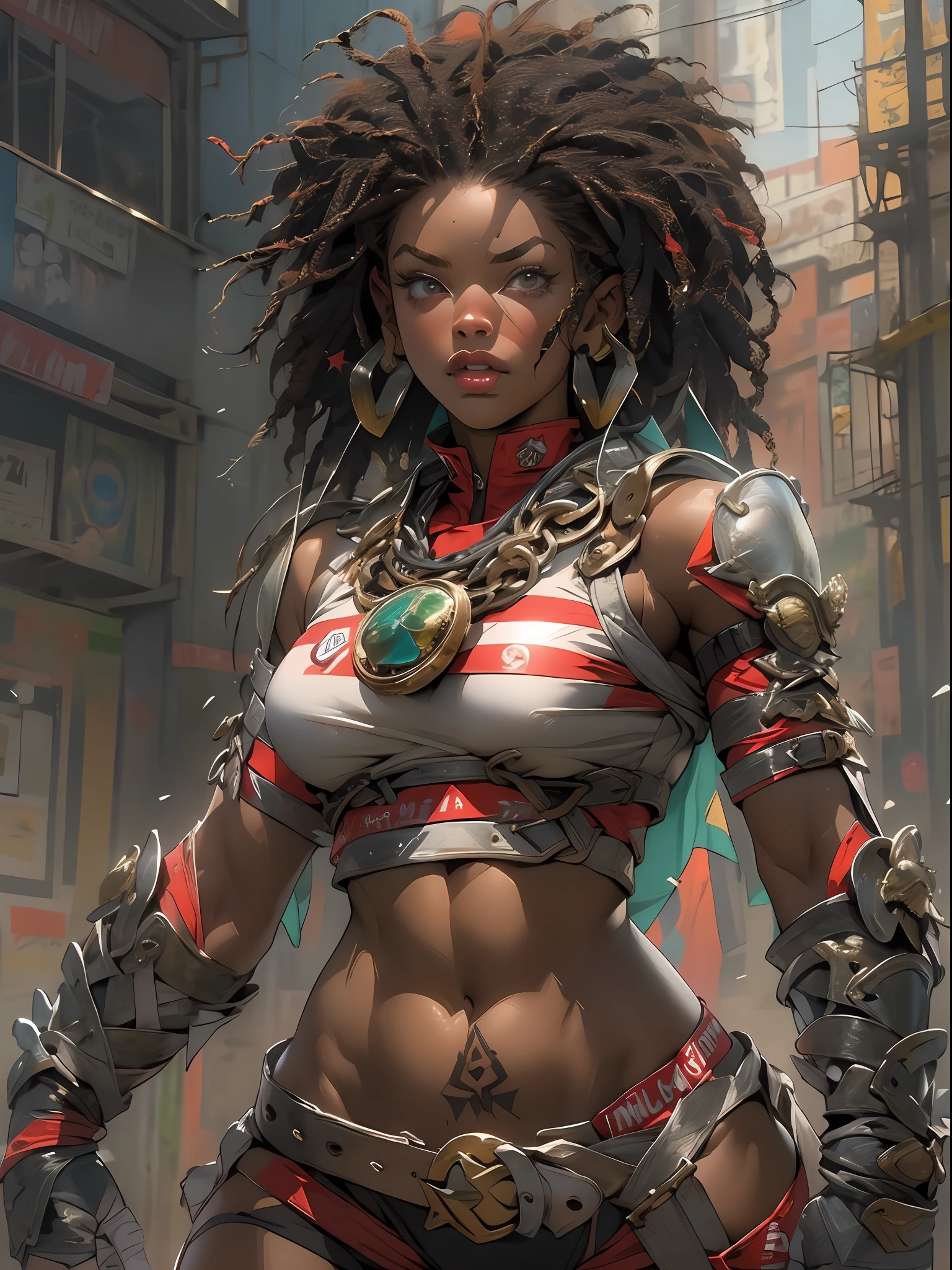 (((mulher))), (((melhor qualidade))), (((obra prima))), (((adulta))), Uma guerreira mulher negra de 35 anos Afro com corpo perfeito, Brooklyn Gladiators, hand with steel gloves and metal tips, (( under boobs )), (( Tiny thong )), quase nua no estilo selvagem urbano de Simon Bisley para a capa da revista 2000 A.D., cabelo loiro, Minimum clothing, armadura (roupa feita com a bandeira dos Estados Unidos ), cheio de pontas e rebites manchadas de tinta, tatuagem de estrelas de 5 pontas, (((corpo inteiro))), cabelo afro, cabelo com dreadlocks