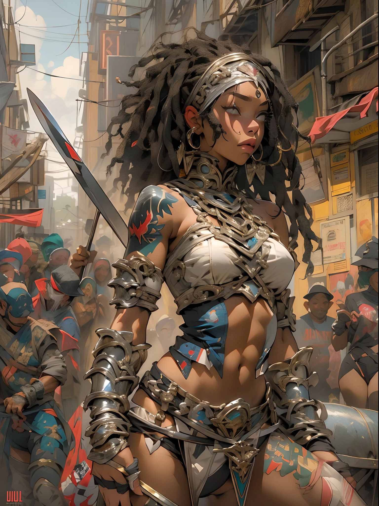 (((mulher))), (((melhor qualidade))), (((obra prima))), (((adulto))), view from the knee up,((( Back view ))), Uma gladiadora linda mulher branca com corpo perfeito, Gladiadores do Brooklyn, hand with gloves and protection on the left arm made of steel and metal tips, (( parte de baixo dos peitos aparecendo )), (( Tiny floss )), almost naked in Simon Bisley's urban wilderness style for a high-resolution poster, cabelo moicano, Minimum clothing, armadura (roupas loucas ), cheio de pontas e rebites, tatuagem tribal, (((corpo inteiro))), cabelo moicanos com as pontas coloridas