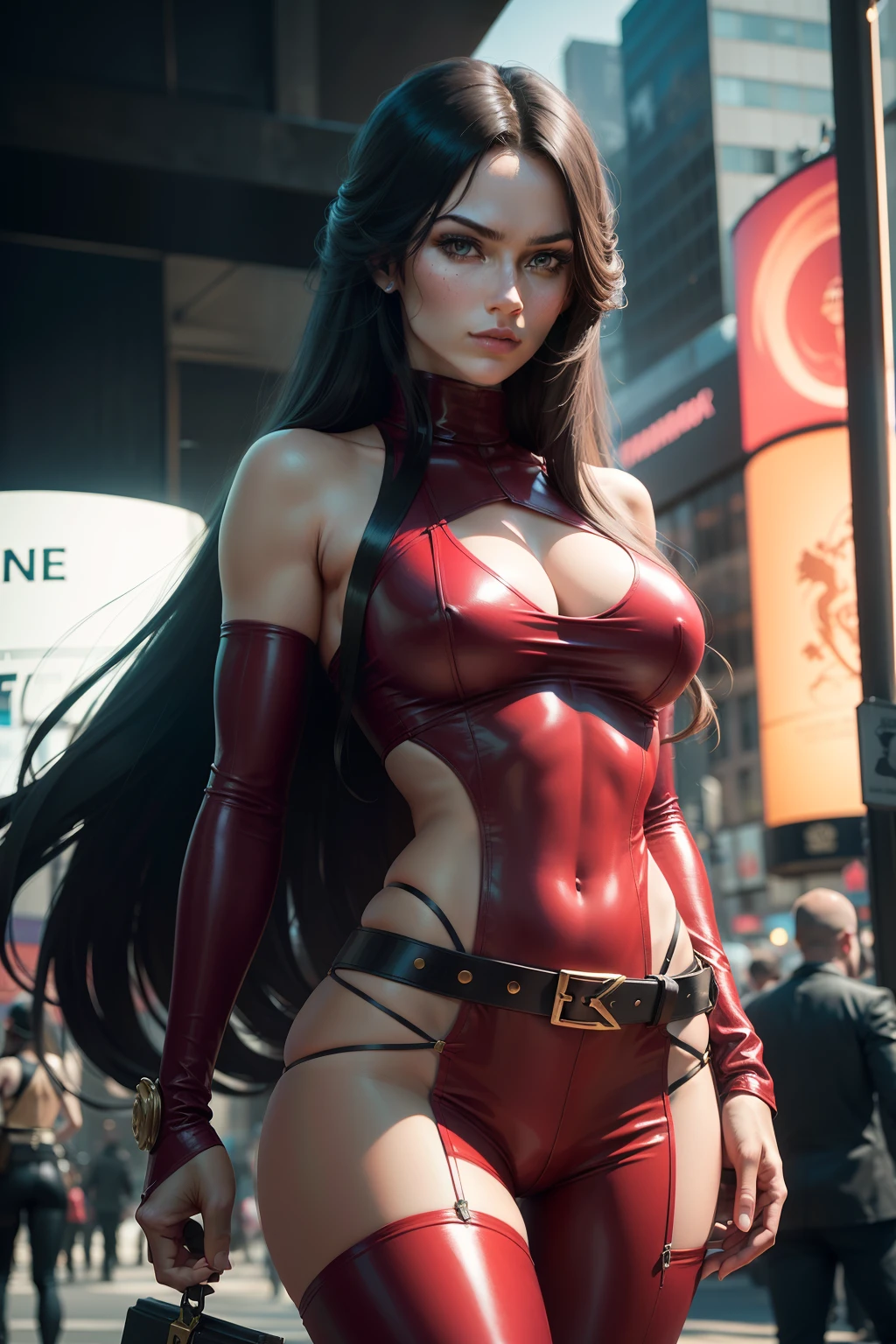 Beautiful young Caucasian woman with long hair Elektra is a lethal assassin and mercenary known for her martial arts skills and wielding a pair of sai. New York City, Time Square. Elektra's classic outfit usually consists of a dark red outfit, often consisting of a long-sleeved short top and tight pants. She is also known for wearing bandages that wrap around her forearms and hands, as well as adopting accessories such as belts. spy and skilled manipulator. Standing out as a beautiful intriguing figure, she is a killer. Her determination, cunning and complex connections make her an intriguing and multifaceted figure. (best quality: 1.0), (Ultra Highres: 1.0), highly detailed face and eyes, (photorealistic: 1.2)