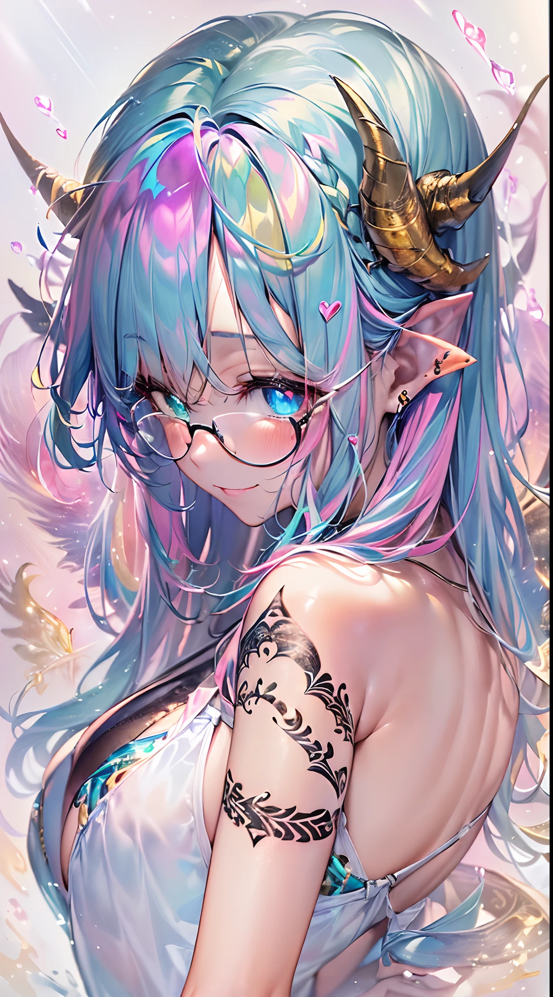 ((masutepiece, of the highest quality, Watercolor art (Pendants), Beautiful and aesthetic: 1.2)), (Golden ratio: 1.2), (Full body: 1.2), (Super Detail: 1.3), (girl with: 1.3), (Fractal Art: 1.3), (Glitter Pupil)),(eye glass:1.5) ,patterns, (Iridescent hair, Colorful hair, Half light blue and half pink hair: 1.2)), Colorful, Writing, (Heterochromia), (Colorful: 1.5), (((Shy face)), ((Golden Micro Bikini)), (full body Esbian), (Hyper-detailing), ((delicate detail)), (intricate-detail), ((Cinematic Light, Highest quality backlight)), High contrast, ((The best lighting, Very delicate and beautiful)), (( Cinematic Light)), (ray trace reflection, Glow), (((glowing aura)), ((Glowing hair)), ((Super Detail)), (8K)), ((a closeup)), ((Brown skin)), (Showering), ((Seductive smile)) ,((high angle full body shot)),((Demon Girl, demonic horns, demon tail, Devil's Wings, pube_The tattoo, Heart-shaped pupil))、((On the bet))、(black feathers on the back,,,,:1.5), (Full body:1.2),(look at viewr:1.2),(all-fours:1.5)