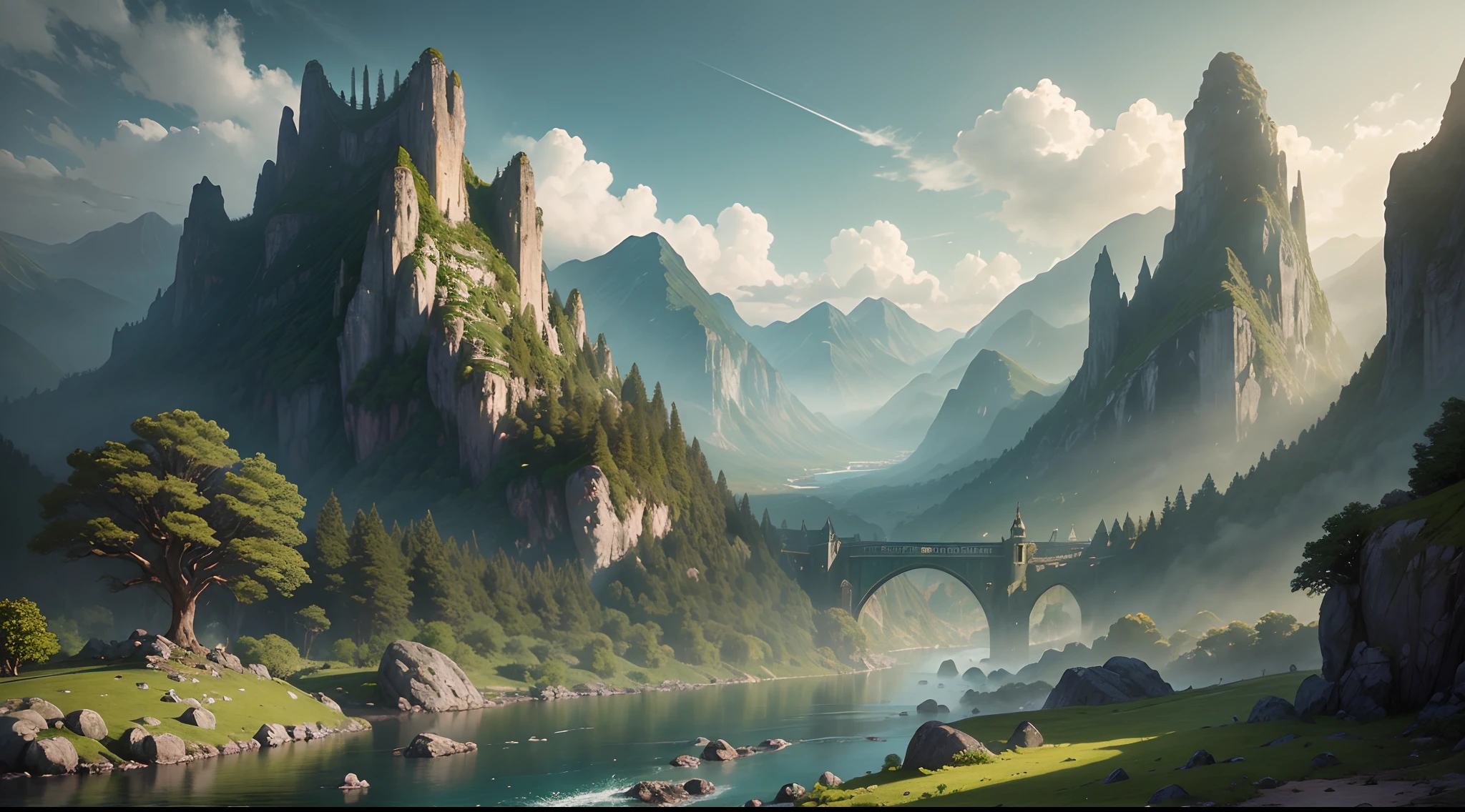 there is a river running through a lush green forest filled with rocks, a matte painting by Raphael Lacoste, Artstation contest winner, fantasy art, medieval fantasy landscape, impressive fantasy landscape, high fantasy matte painting, fantasy matte painting, epic rivendell fantasy, atmospheric fantasy setting, matte painting in fantasy style, epic fantasy landscape, elven architecture --auto
