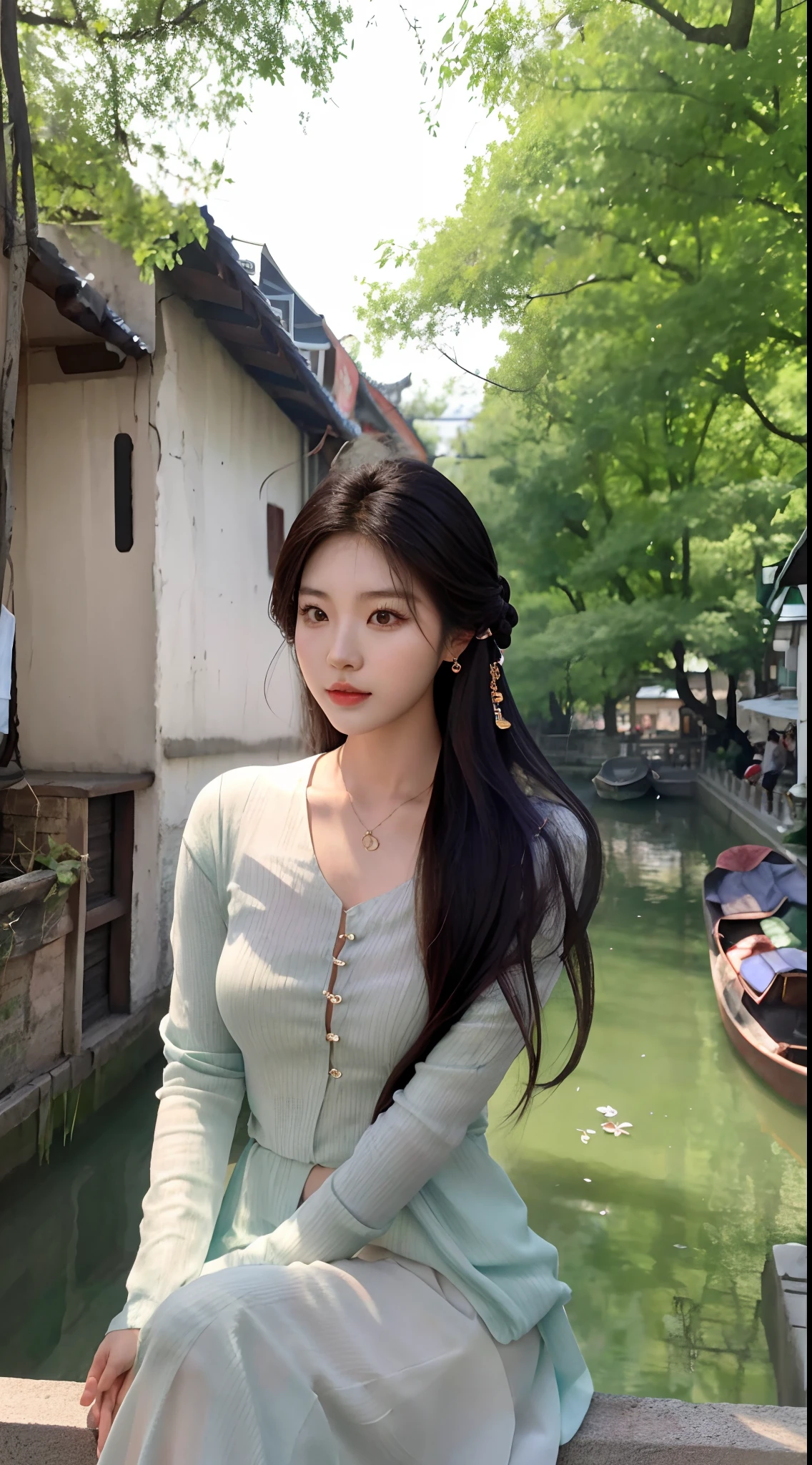 Arad woman sitting on the windowsill by the canal, Gorgeous young Korean woman, beautiful Korean women, Beautiful young Korean woman, Korean girl, Anime girl in real life, Asian girl with long hair, xintong chen, ulzzangs, Guviz, With long hair, Guviz-style artwork, Chinese girl, a cute young woman