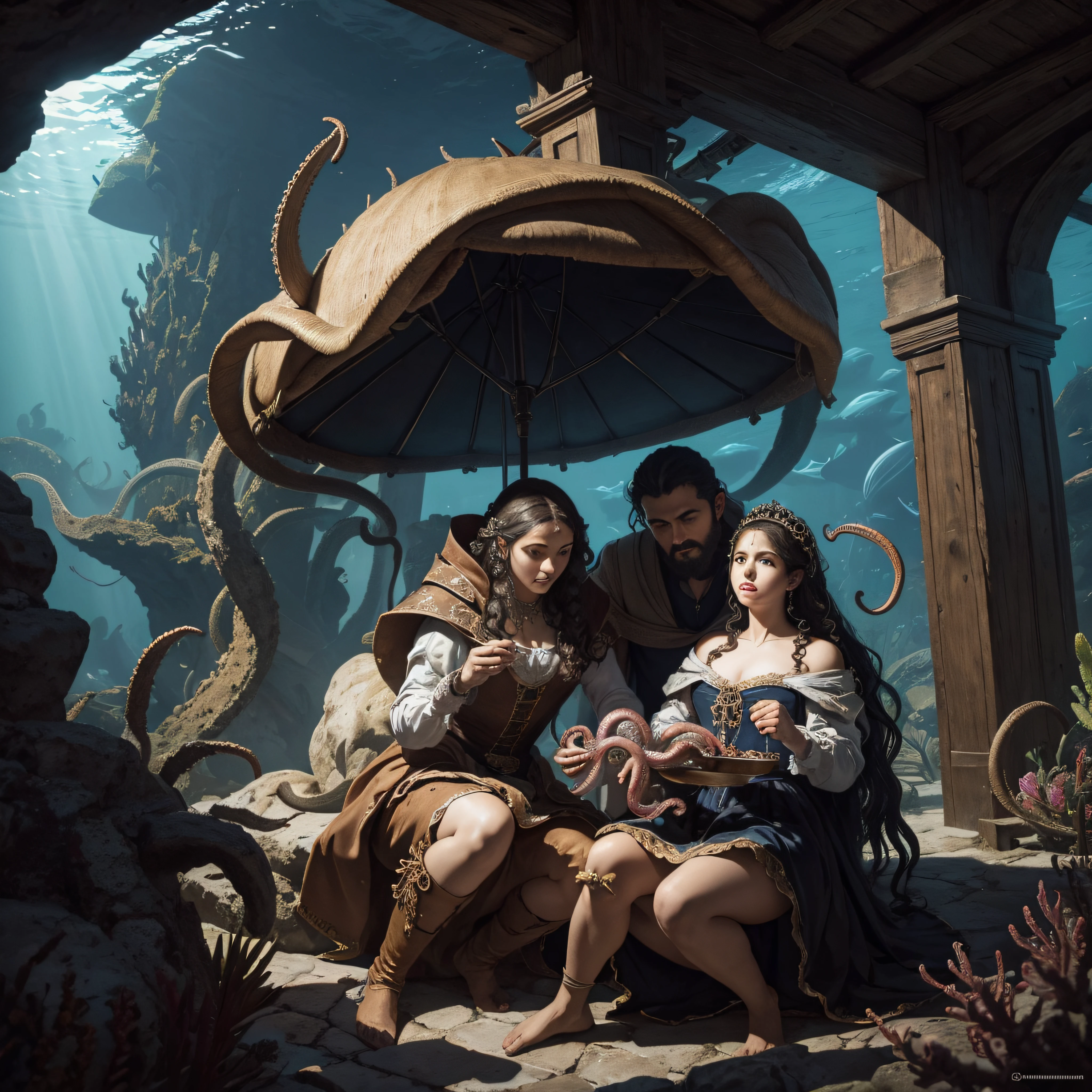 (extremadamente detallado, obra maestra, La mejor calidad, Under the Ocean), Estilo oscuro, volumetric illumination. armadura medieval, rostro con arrugas, lengua larga, tentacle, deforme, imagen submarina vista desde el exterior, pico de pulpo amenazante. manchas de tinta. Rococo composition. Luz de caravaggio