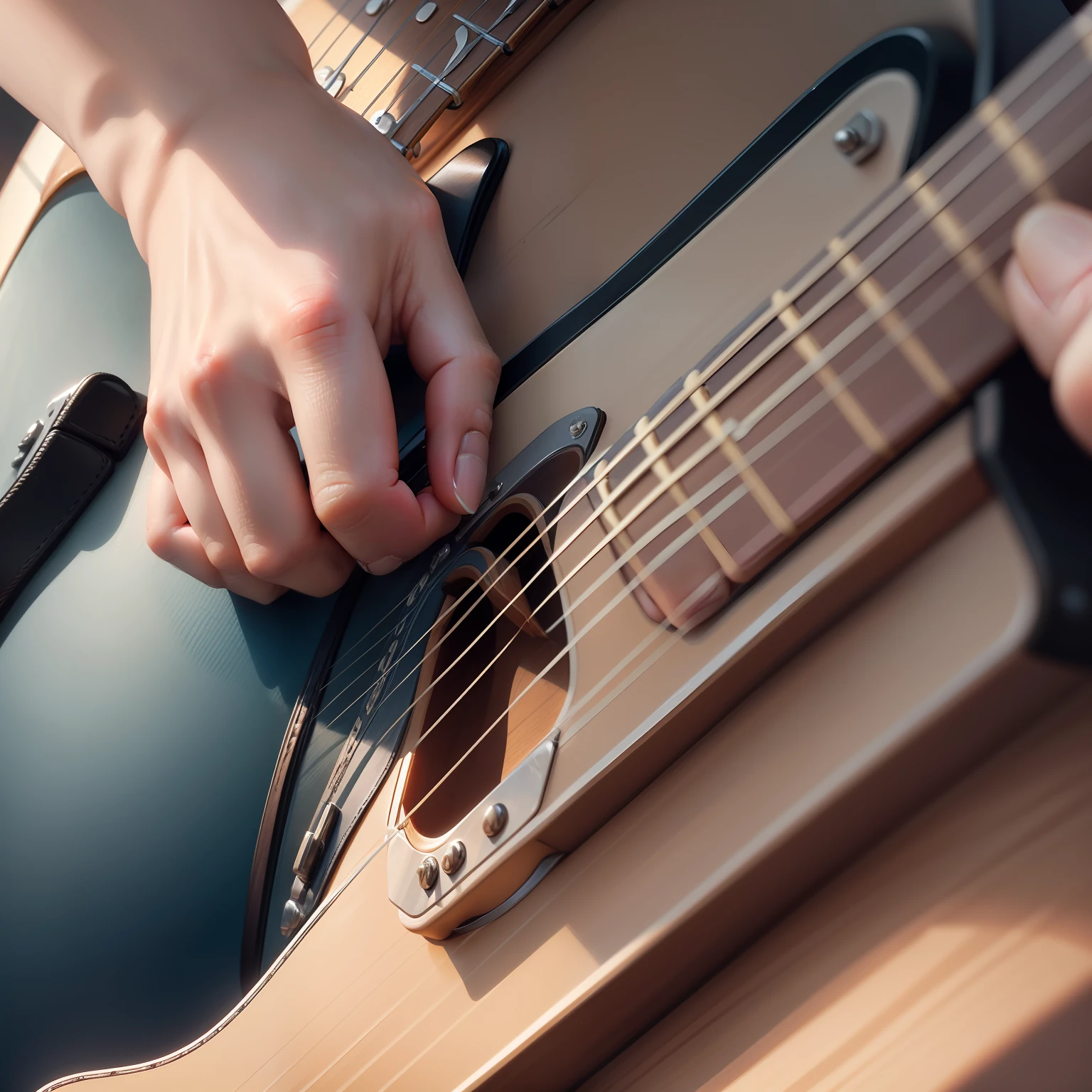 Create an image of a hand playing the C Maj chord on the guitar, capturing only the part of the guitar neck where the hand is making the chord, so that it is possible to see exactly the position of each finger.