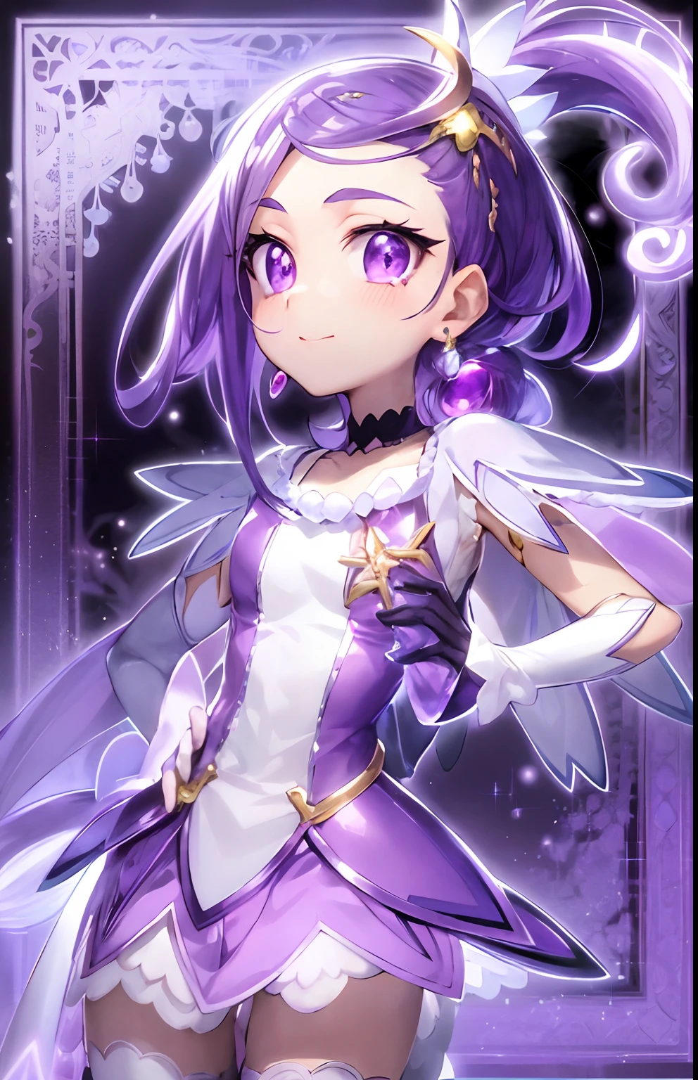 Anime boy with purple hair and white and purple dress poses for photo, Portrait of a magical boy, Prince of Amethyst, Official Character Art,  Magical Boy, Magical Boy Style, hight resolution, Sparkling Magical Boy, Cure, with glowing purple eyes, Anime Boy