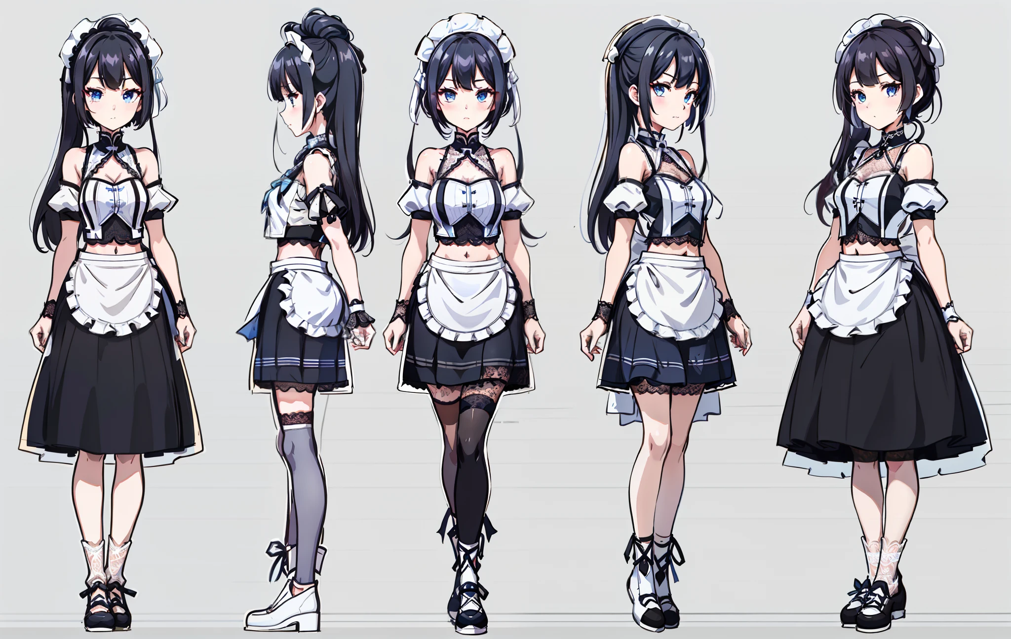 1人,(1 girl:1.2),Reference diagram,(Fantasy character design, Front, back, Side),(Black color hair),(blue color eyes),full bodyesbian, Maid outfit,((maid costume(Crop tops):1.3)+(Off-the-shoulder puff sleeves black top(/White lace:1.3)/)+(Small white apron,blackminiskirt)),multi view,Draw a list of people、pose reference、Drawings of the same character from different angles，6 poses。8k，high high quality，A high resolution，4k，k hd，（Well-designed face），amazing face，（ultra-detailliert），beautidful eyes