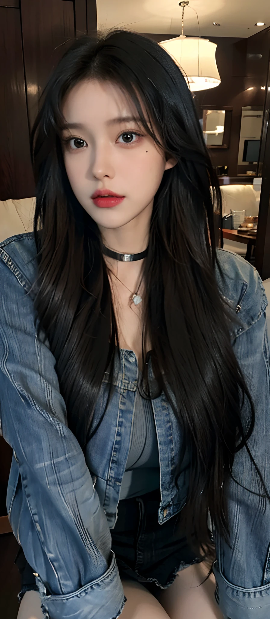 (realistic, high resolution:1.3), (face close up), 1 girl with perfect figure, close mouth, super fine face and eyes, black hair, long hair, denim jacket, short skirt, inside house, big breasts, choker,