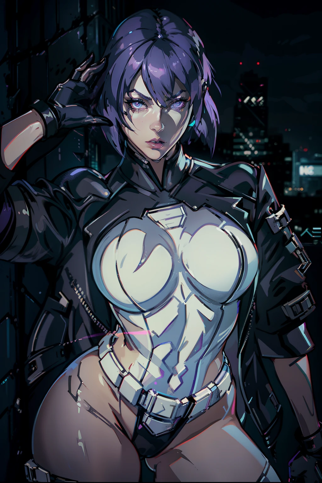 full body picture Unreal Engine 5 8K UHD of beautiful women, white short hair, wearing black white tight futuristic latex Spider Woman cosplay, latex glove, wearing purple glass, earring, lips piercing, modern city, best quality, masterpiece, 8K UHD wallpaper, motoko