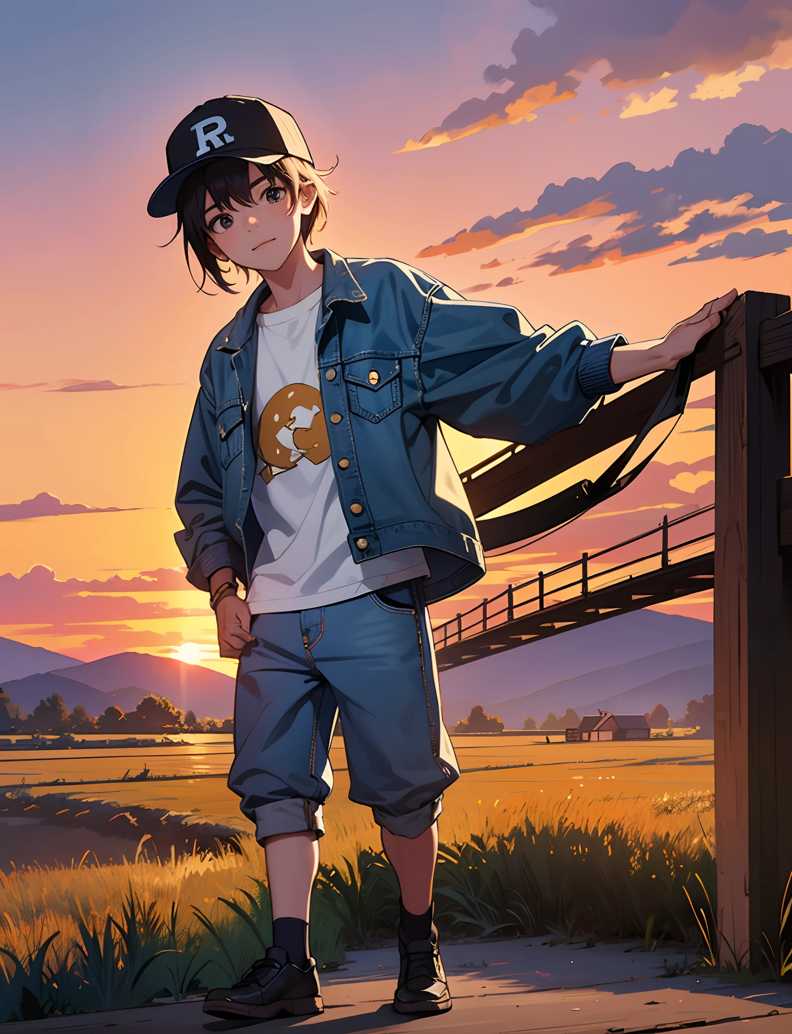 A young boy with，Wear a denim jacket，With a baseball cap，Walk on country roads，The background is the village，Sunset and sunset，Full body photo of close-up，Ultra-high definition