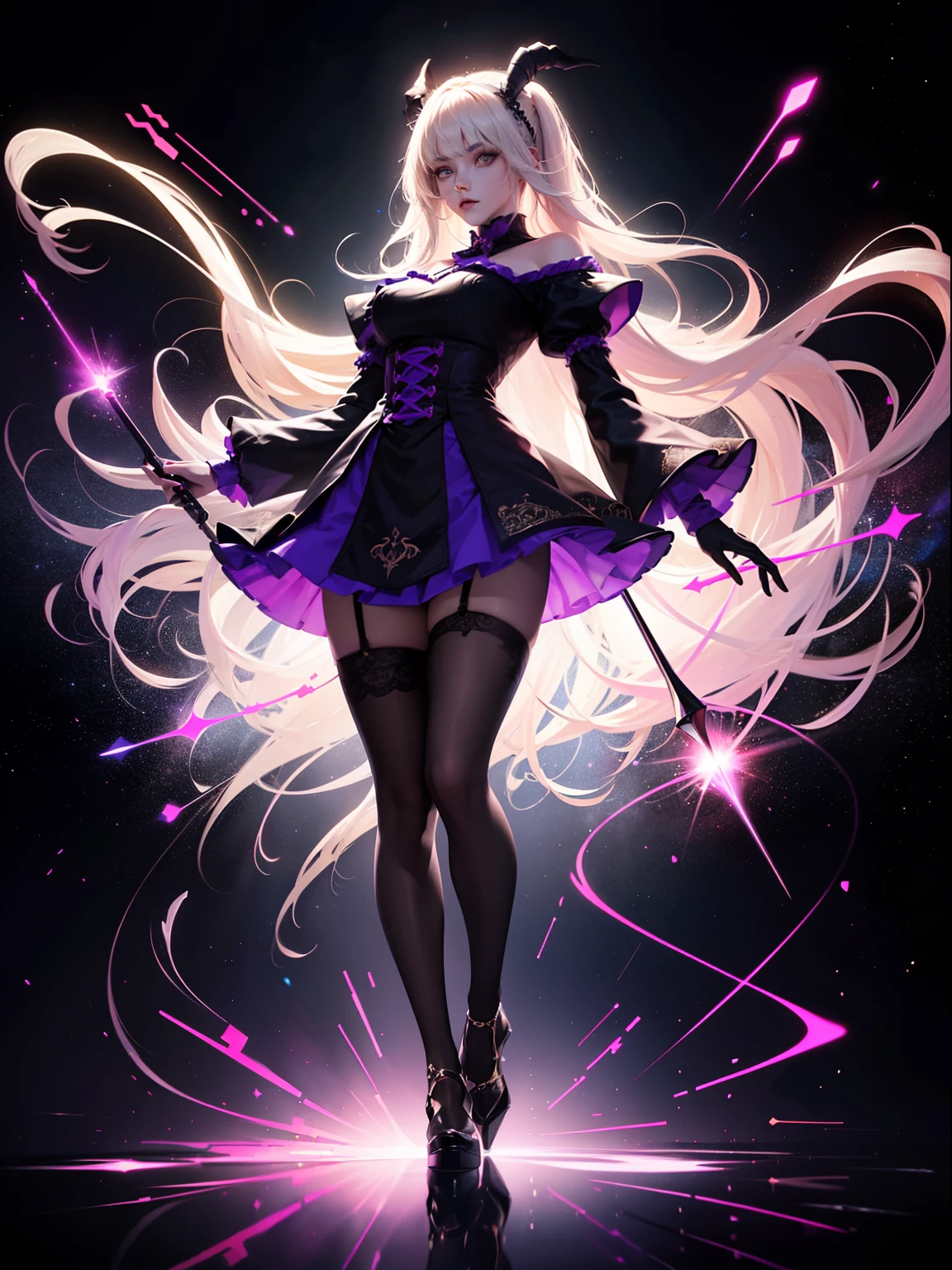 (full body:1.5)，(1girl:1.3),(looking at viewer:1.4)，(anatomy correct:1.3),(Wearing Printed witch suit and pointed high heels ，and Very thick Printed Lolita Pantyhose :1.35), (Light particle effect:1.3),(In pink | amarelo | blue colors| green color |red colors | white colors| black in color| purpleish color| greys| Beige| Flesh color 1.4)，(Glowing eyes:1.3),(Large amplitude action: 1.3)，(Accurate and perfect face:1.4),(Clothing Gloss:1.25),(Skin reflection:1.25),hyper HD, Ray traching, reflective light，structurally correct, Award-Awarded, high detal, lightand shade contrast, Face lighting，cinmatic lighting, tmasterpiece, super detailing, high high quality, high detal, best qualityer, 16k，high contrast,