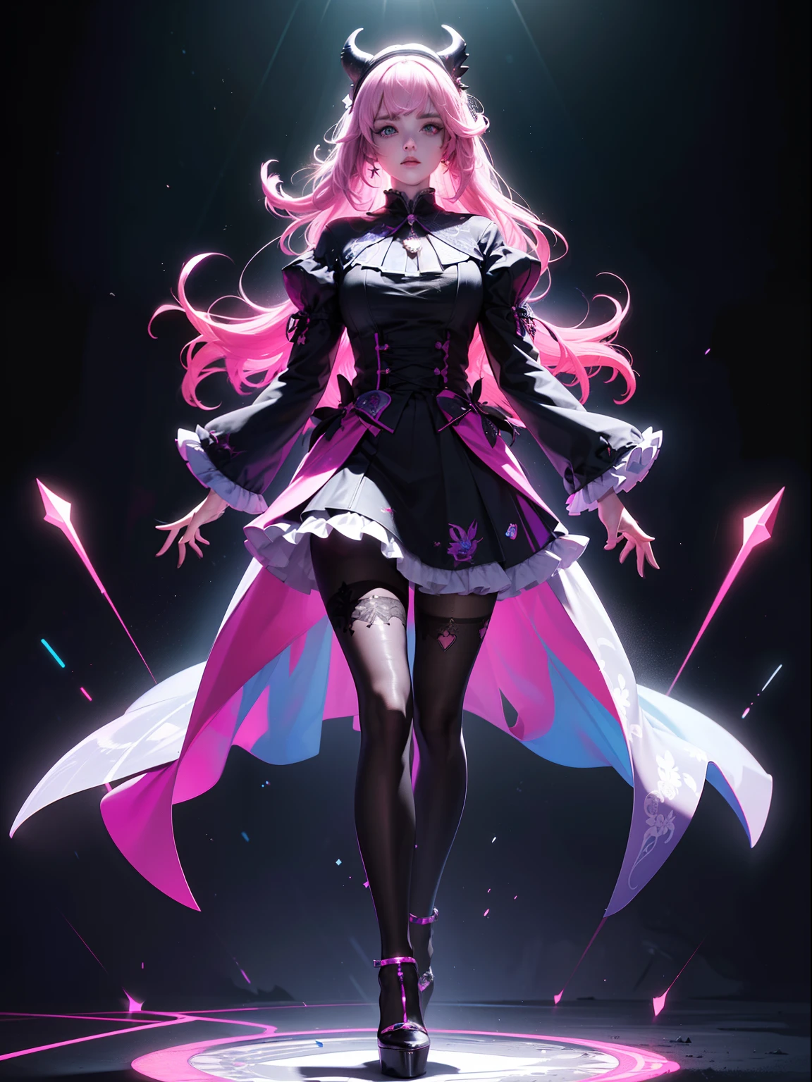 (full body:1.5),(1girl:1.3),(looking at viewer:1.4),(??????? correct:1.3),(Wearing Printed witch suit and pointed high heels ,and Very thick Printed Lolita Pantyhose :1.35), (Light particle effect:1.3),(In pink | amarelo | blue colors| green color |red colors | white colors| black in color| purpleish color| greys| Beige| Flesh color 1.4),(Glowing eyes:1.3),(Large amplitude action: 1.3),(Accurate and perfect face:1.4),(Clothing Gloss:1.25),(Skin reflection:1.25),hyper HD, Ray traching, reflective light,structurally correct, Award-Awarded, high detal, lightand shade contrast, Face lighting,cinmatic lighting, tmasterpiece, super detailing, high high quality, high detal, best qualityer, 16k,high contrast,
