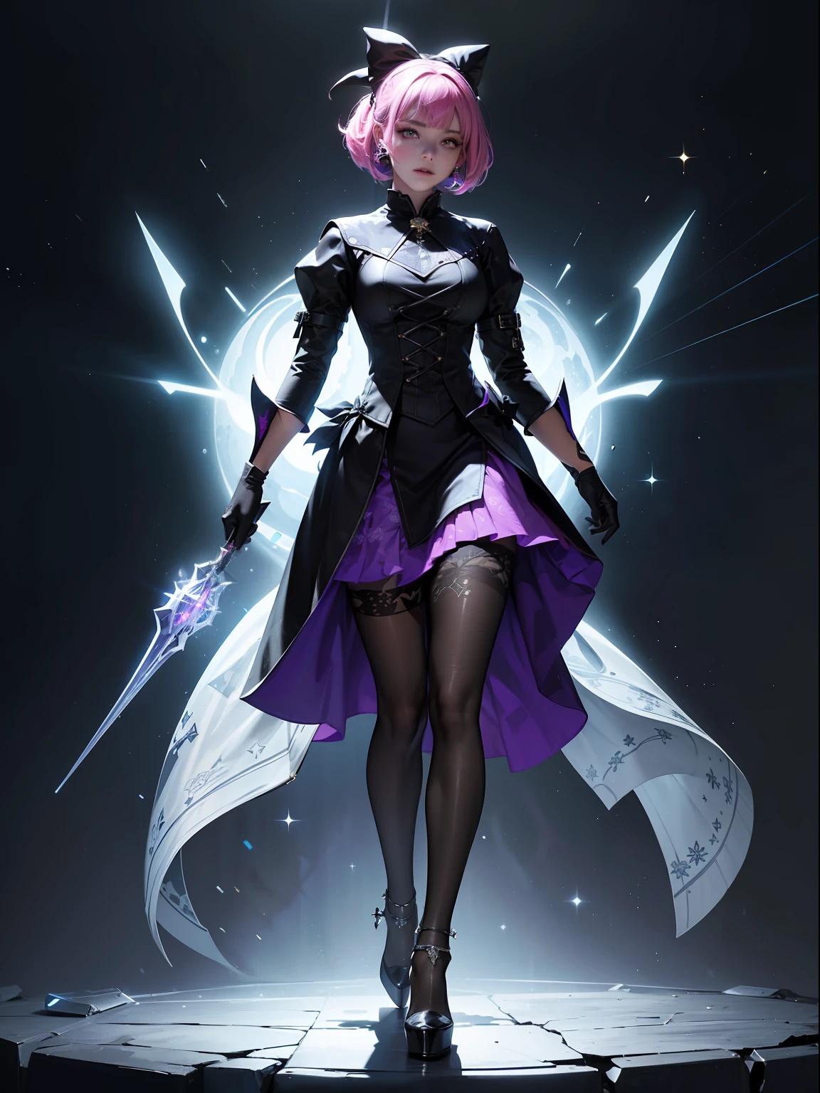 (full body:1.5),(1girl:1.3),(looking at viewer:1.4),(anatomy correct:1.3),(Wearing Printed witch suit and pointed high heels ,and Very thick Printed ta Pantyhose :1.35), (Light particle effect:1.3),(In pink | amarelo | blue colors| green color |red colors | white colors| black in color| purpleish color| greys| Beige| Flesh color 1.4),(Glowing eyes:1.3),(Large amplitude action: 1.3),(Accurate and perfect face:1.4),(Clothing Gloss:1.25),(Skin reflection:1.25),hyper HD, Ray traching, reflective light,structurally correct, Award-Awarded, high detal, lightand shade contrast, Face lighting,cinmatic lighting, tmasterpiece, super detailing, high high quality, high detal, best qualityer, 16k,high contrast,
