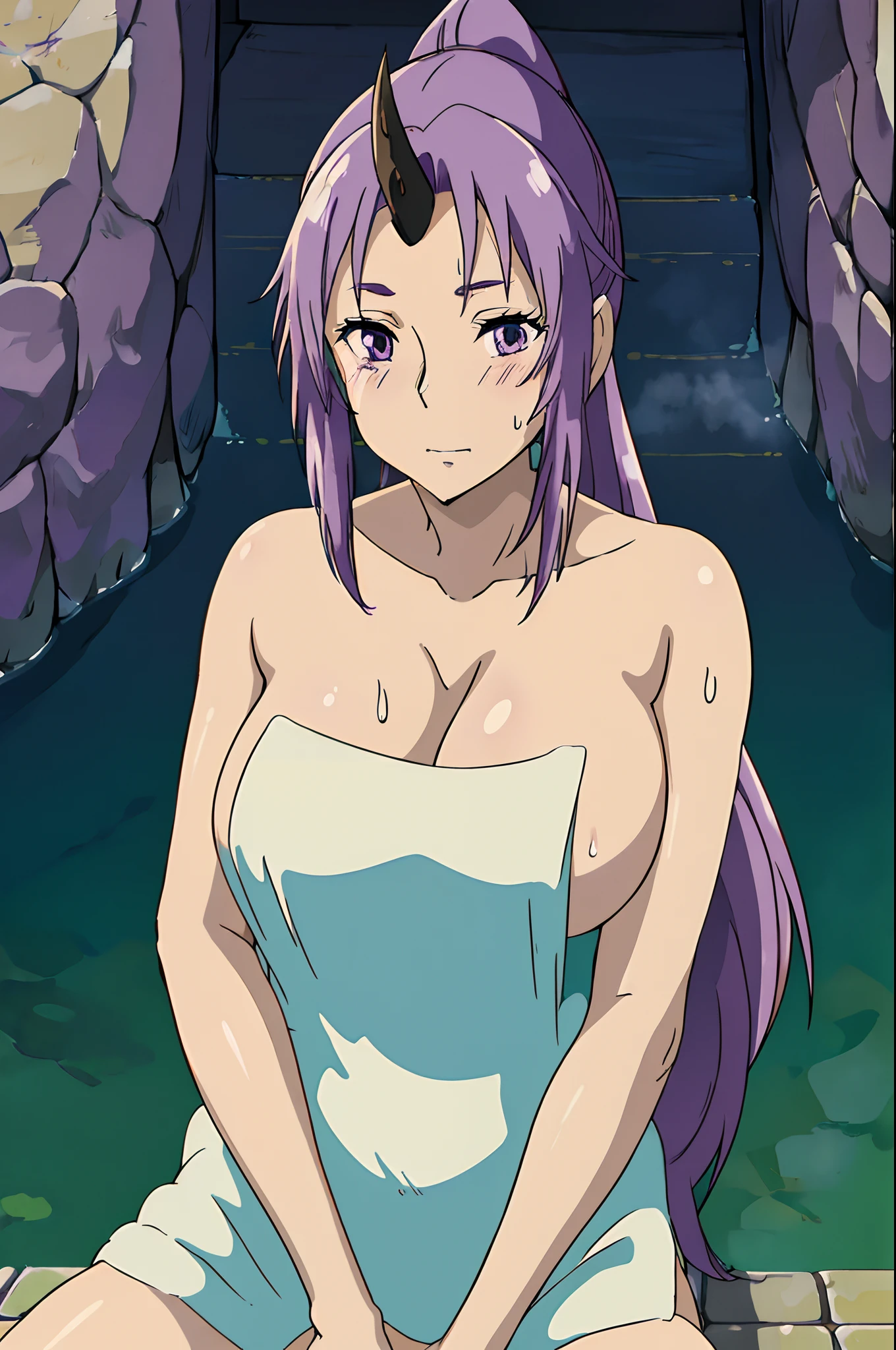 ghibli style, 1girl, pixel-shion, purple hair, purple eyes, beautiful, goddess beauty, hot, long hair, hair down, upper body, cowboy shot, solo, hot spring, water, towel, wet, , sweating, blush, sitting, looking at viewer, ((masterpiece)), ((high detailed illustration)), ((detailed background)), ((realistic light)), ((best quality)), ((beautiful lighting))