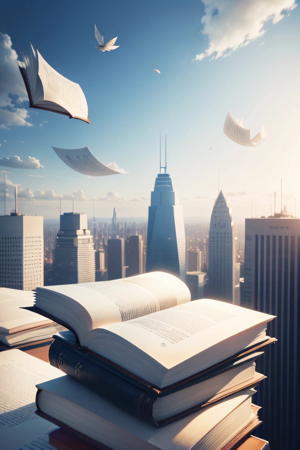 Books flying in the air Overlooking the city Blue sky Many books Open pages Scattered paper Close-up of books