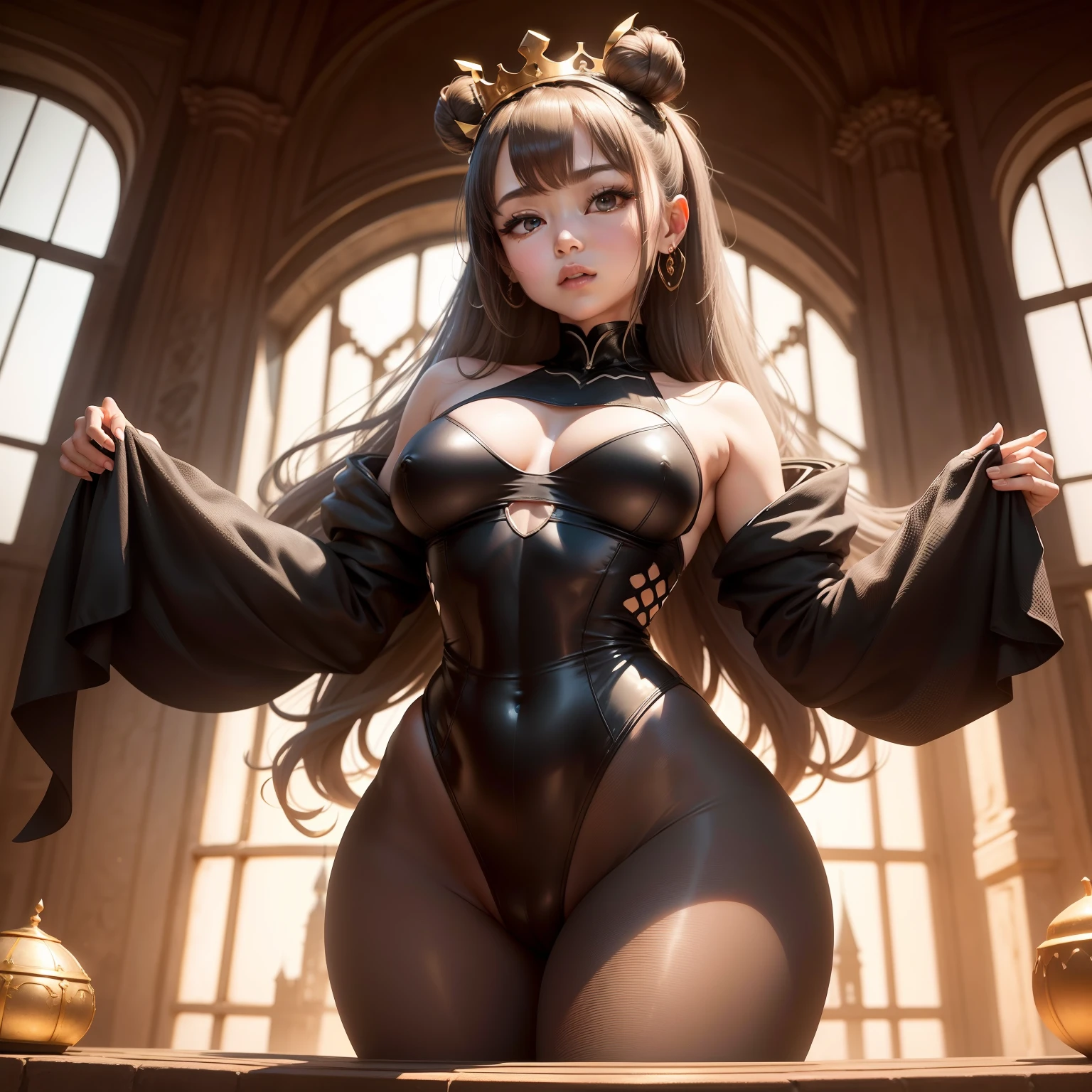 Queen in the image of an ant（Wear a leotard、tights that cover the entire thigh,,,,）、、The interior of the castle in the image of an ant nest、Have a sugar cube、、bulging chest、Vertical hair roll、Proud look、