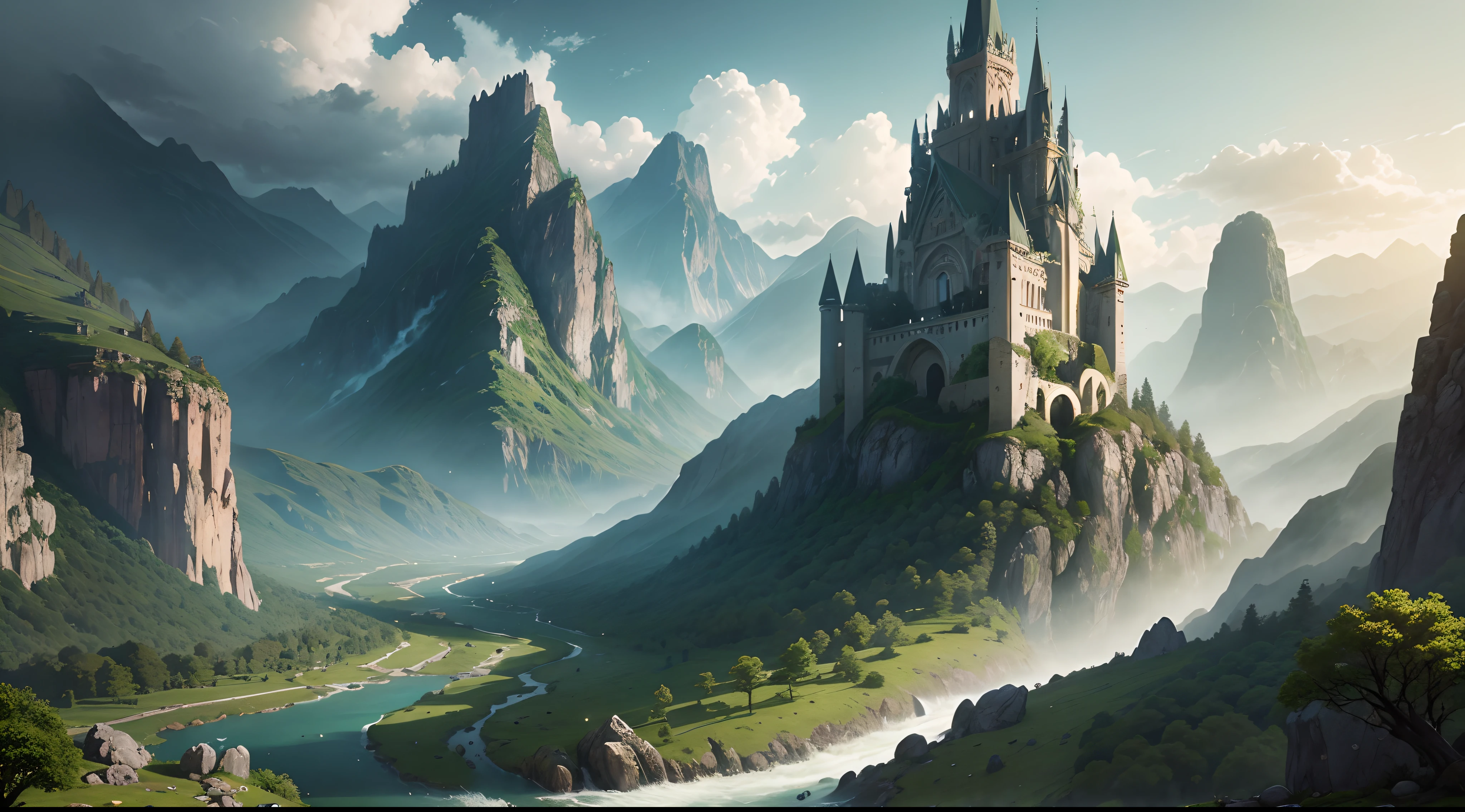 there is a river running through a lush green forest filled with rocks, a matte painting by Raphael Lacoste, Artstation contest winner, fantasy art, medieval fantasy landscape, impressive fantasy landscape, high fantasy matte painting, fantasy matte painting, epic rivendell fantasy, atmospheric fantasy setting, matte painting in fantasy style, epic fantasy landscape, elven architecture --auto
