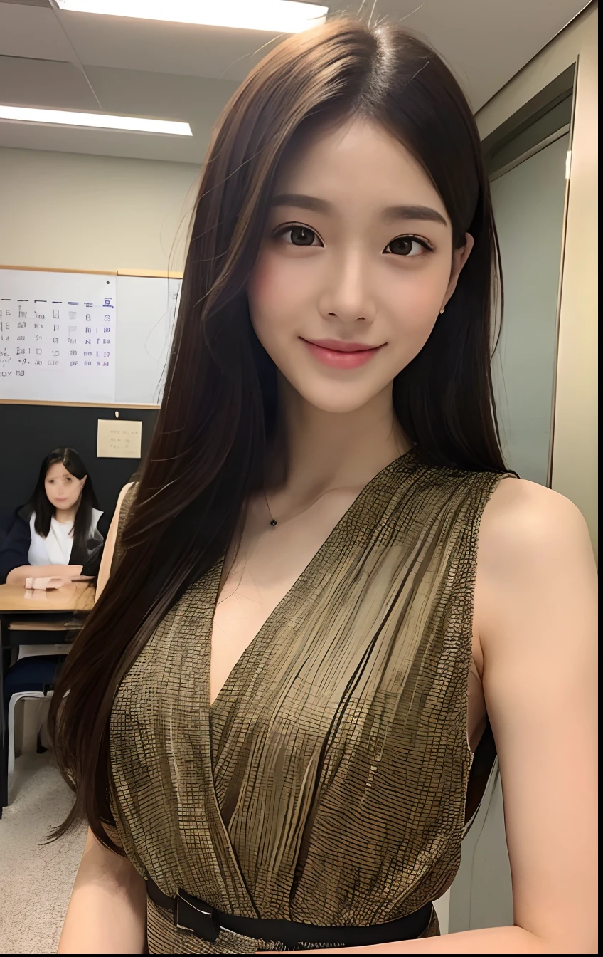 ((best qualtiy,8k,tmasterpiece:1.3)), 1girll, ssmile, full bodyesbian, Slim Faces, Beautiful woman, (dark brown hair), full length dress :1.1, Super detailed face, Detailed eyes, 二重まぶた, blur backgroun, Slim Faces, 城市, do lado de fora, Classroom,Beth,pupils