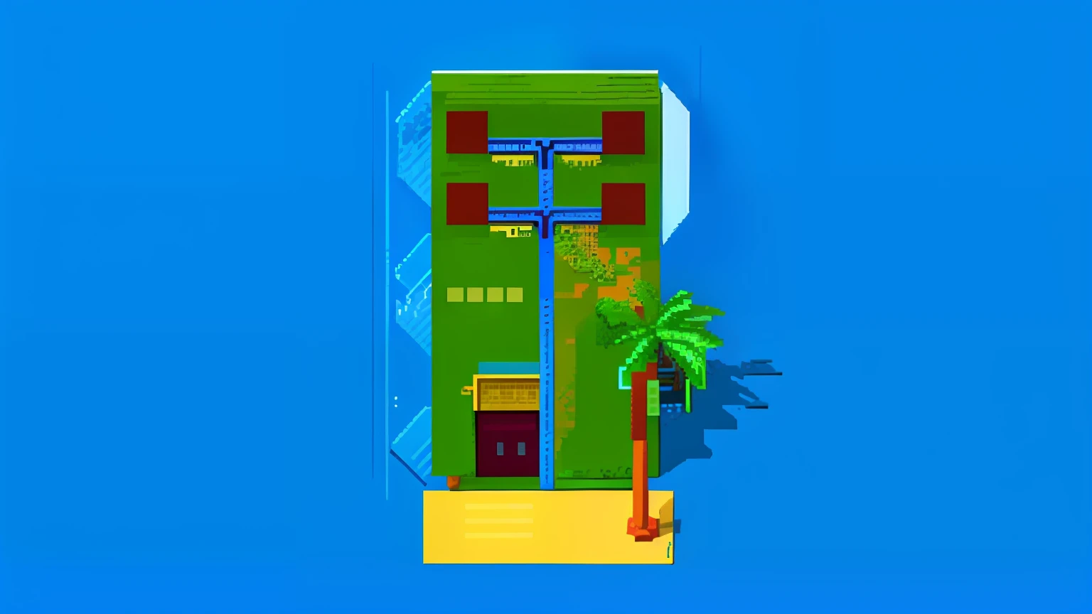 a pixel style image of a tropical island resort with a palm tree, retro nintendo bitmap pixel art, 8bit game. cute! c4d, lo-fi retro videogame, game top down view, island background, pixel art 8 - bit, 8-bit, 8 - bit, pixel art style, art from nes game cartridge, 2d 8bits graphic, cyberpunk neon