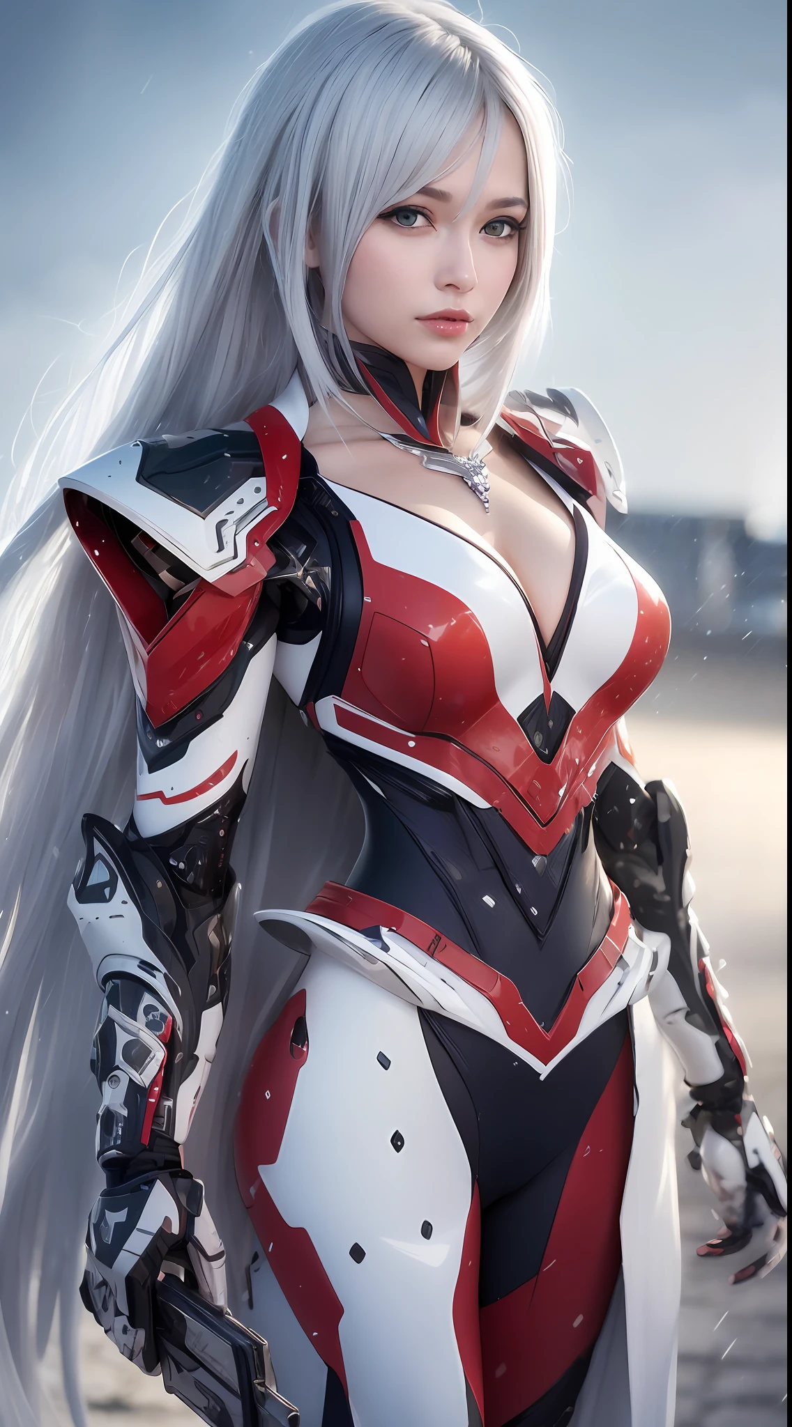 Gray hair, blue color eyes, Red eyeshadow, ssmile, slightly red face, Feminine expression, The delicate face shape is perfectly described, Eye-shaped necklace, Mecha armor,Clear lines, White gloves,Metal streamers, Best photo quality, 16K High Resolution, Colored inner hair, Inner dyeing asymmetrical hairstyleAsymmetrical hairstyle, Palace corridors,Side drill single-sided drill bit roll, hyper HD