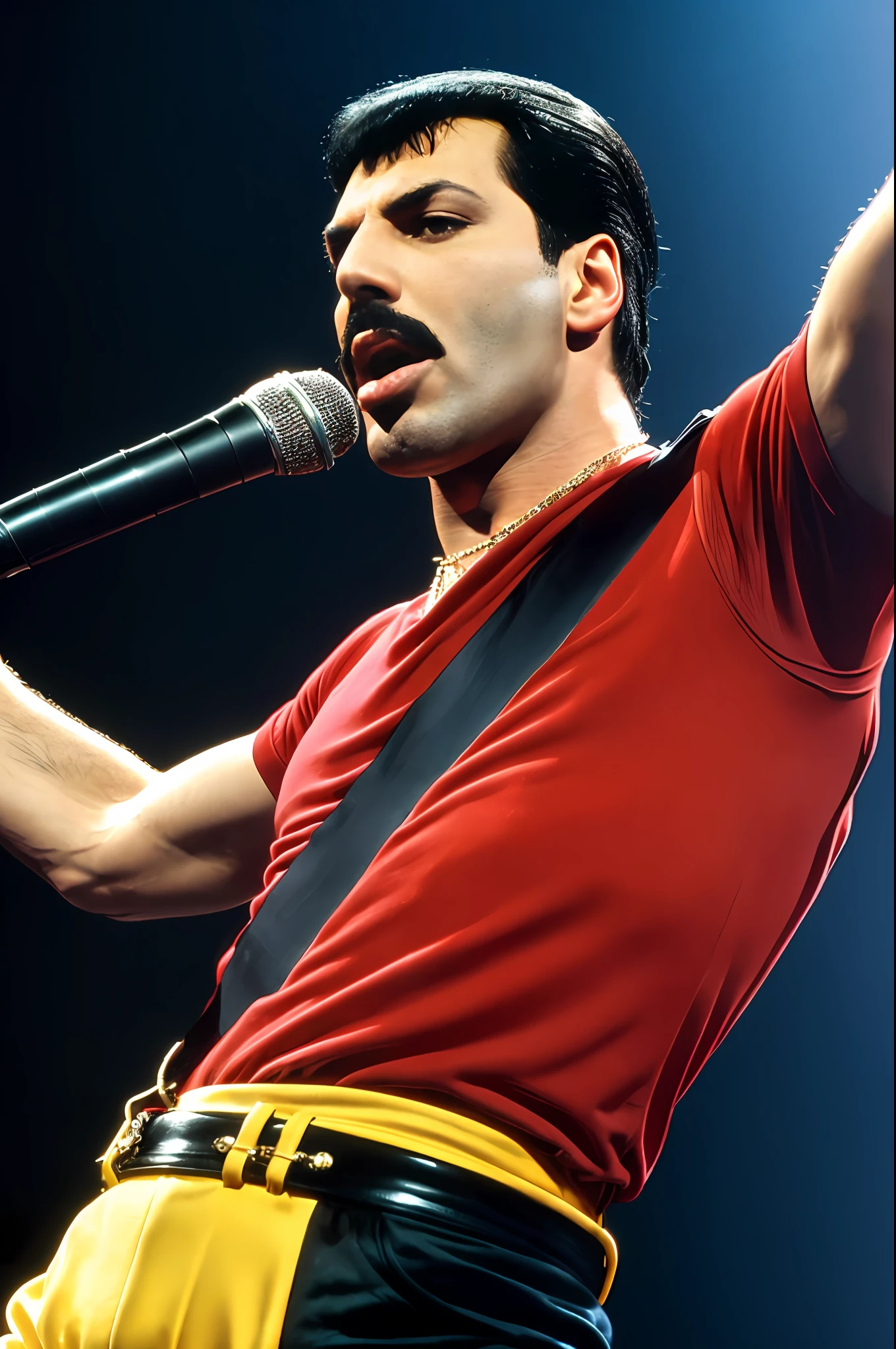 (Freddie Mercury in a captivating pose, showcasing his powerful voice and mesmerizing stage presence)+portrait, charismatic, iconic, legendary singer, stage lights, energetic performance, vibrant atmosphere.