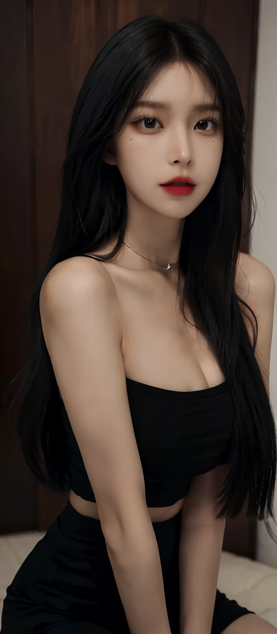 (realistic, high resolution:1.3), (face close up), 1 girl with perfect figure, close mouth, super fine face and eyes, black hair, long hair, tight t-shirt, short skirt, inside house, (big breasts), choker,