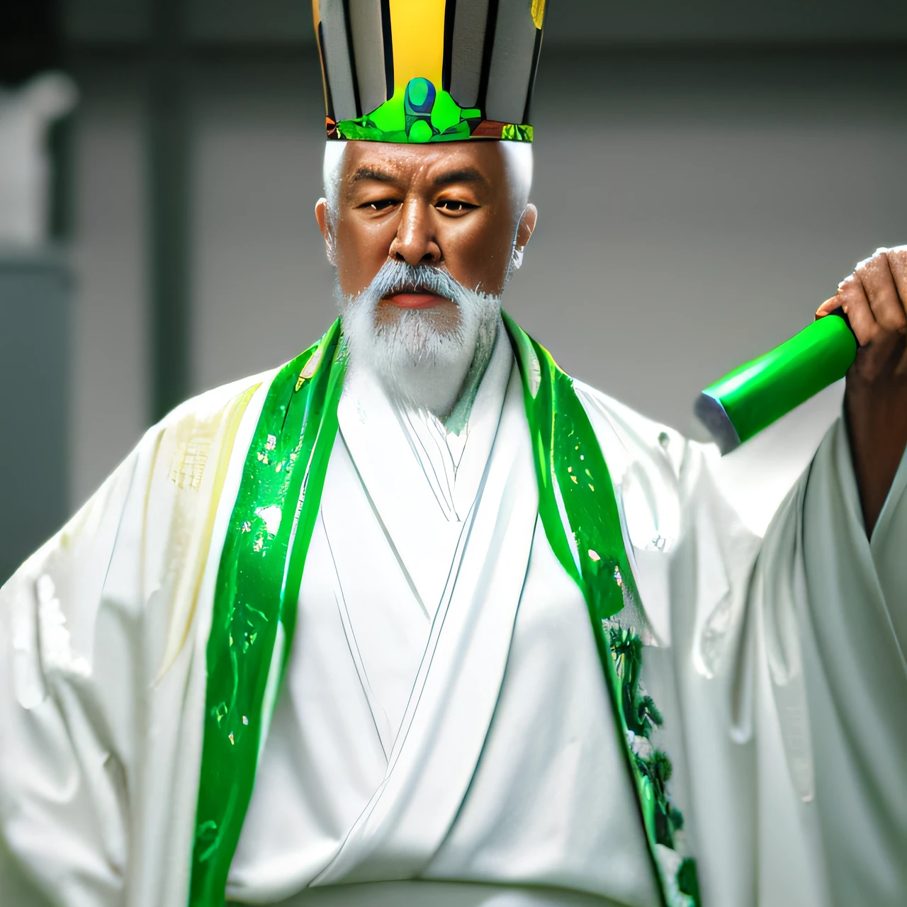 Old man in crown and white haori holding green can