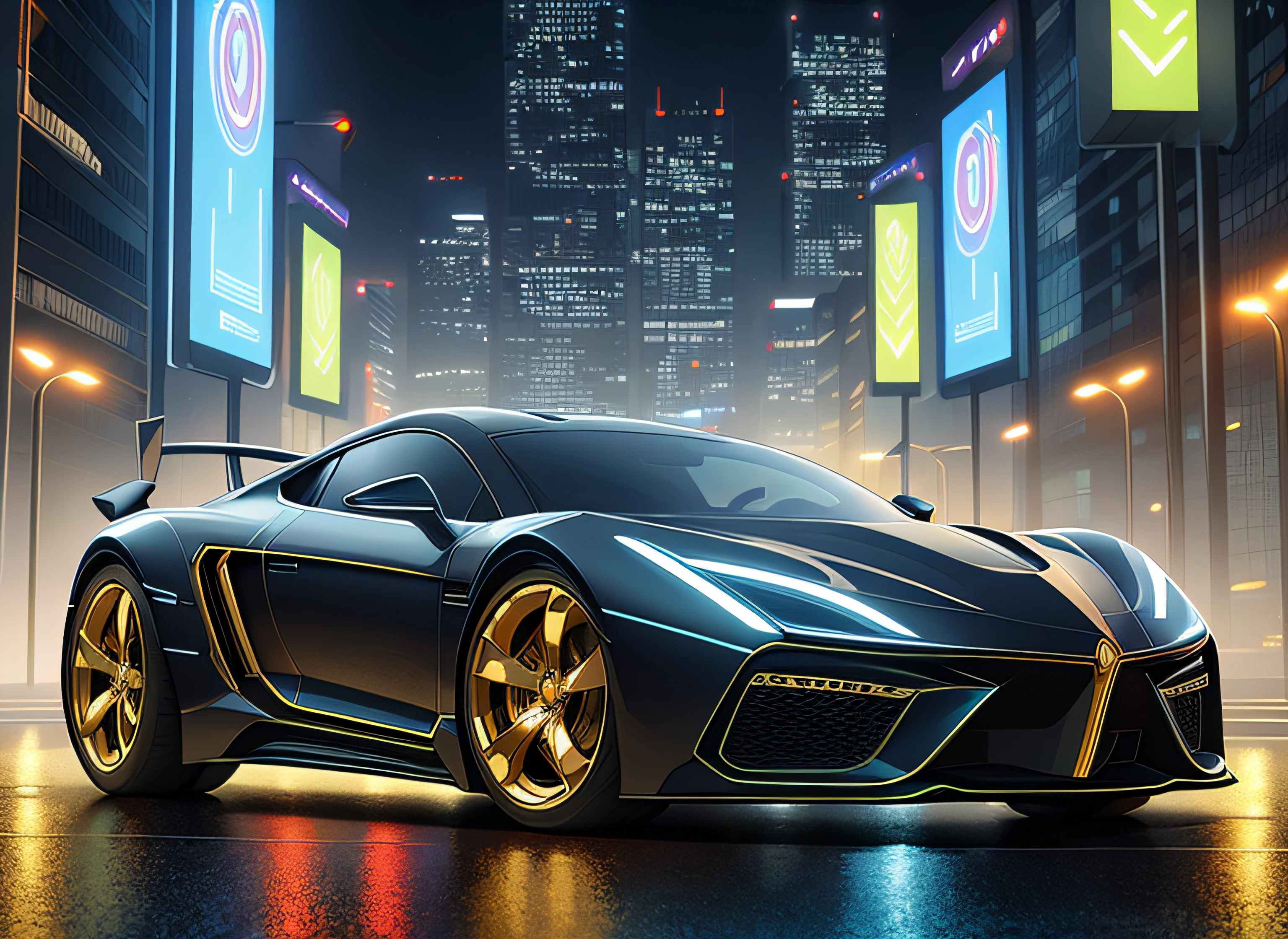 ominous looking futuristic car, wet reflective road, iridescent paint, highly detailed rims, glowing rims, view from the front, futuristic city background, golden hour, [cyberpunk night city:1.3], 8k dslr, sharp, tack sharp, intricate details, masterpiece, golden ratio, highest quality, HDR, photorealistic, insane quality, best quality, extremely detailed, highest detail, highly detailed, incredibly detailed, detailed, realistic, 8k uhd, high quality