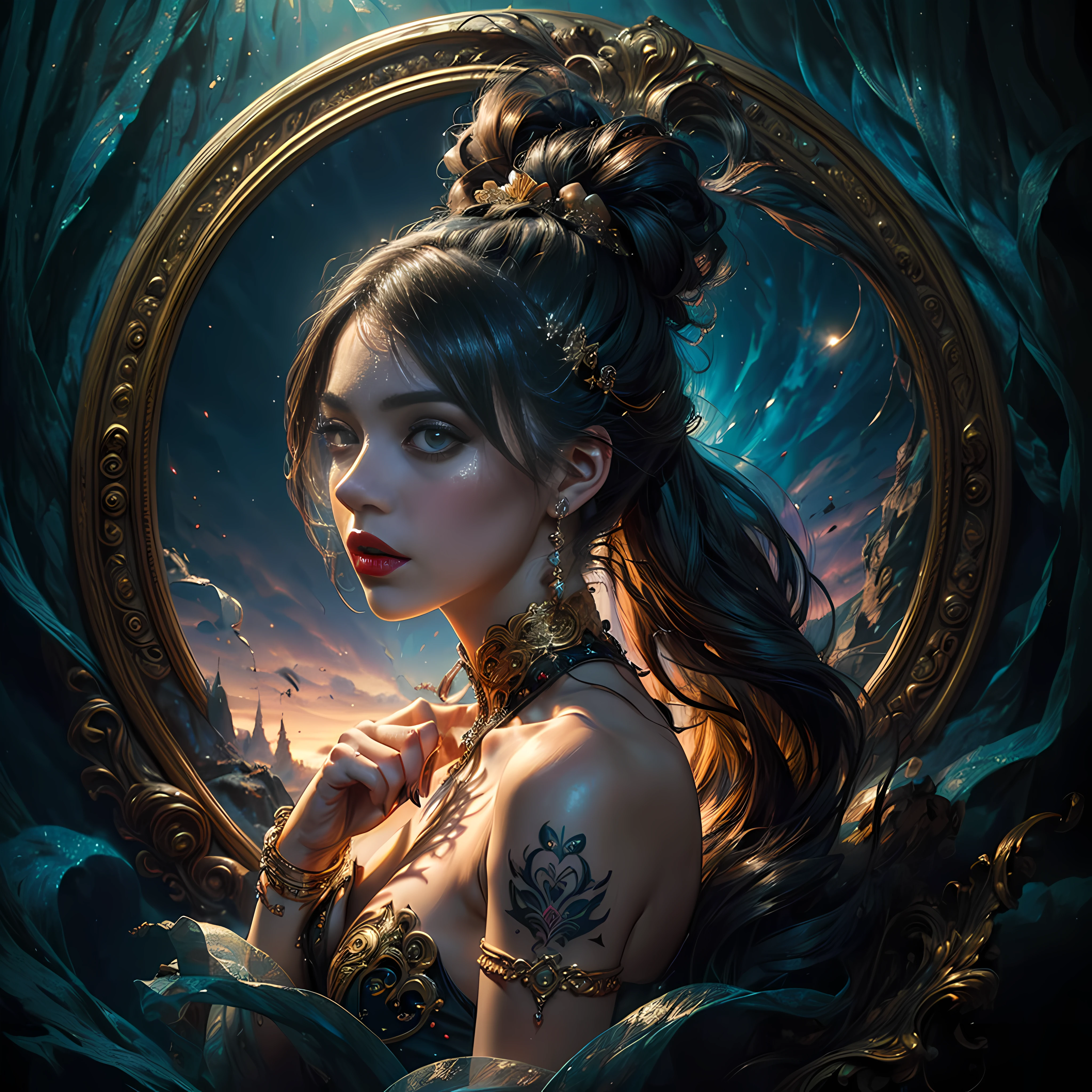 1 CHARACTER, 1 GIRL, dark night, kind person, ROSE, (masterpiece, top quality, best quality, official art, beautiful and aesthetic:1.2), , extreme detailed,(fractal art:1.3),colorful ,highest detailed,(A sexy woman in dress, A beautiful babe ,sex slave, erotic worker, prostitute, hooker),(sex pose, erotic design , erotic face, erotic pose),(small tits, golden hair , big eyes, sexy eyes body covered with tattoo, red lips, sexy lips, sexy face, hand tattoo, leg tattoo, chest tattoo ,pore white hair, (wearing sex slave accessory ,golden accessory, Slave bracelet, bracelet, , naked, magical forest,(((masterpiece))), (((best quality))), ((ultra-detailed)),(highly detailed CG illustration) ((an extremely delicate and beautiful)),cinematic light, Create a stunning artwork that mimics the style of currently trending masters of the genre. The art piece should contain elements of both erotic and sexual with colorful accents. The character in the artwork is a delicate but strong figure with an aura of mystery and magic. The character should be petite with subtle breasts. Pay close attention to intricate facial features, such as mesmerizing eyes with vibrant colors and delicate shading. Incorporate vibrant colors, dynamic lighting, and detailed background elements to create a sense of awe and immersion. Consider the latest trends in fantasy art, such as incorporating unique lighting effects, exploring dynamic and compelling composition techniques, and experimenting with unique color palettes. Take inspiration from the top artists on Art Station and Mid journey. Camera: Choose an angle that highlights the character's beauty and enhances the magical majesty of the artwork. Lighting: Utilize atmospheric lighting techniques to create depth and mood. Resolution: Aim for a high-resolution art work to showcase intricate details and clarity. Art Inspirations: Seek inspiration from the trending artists on Art Station, exploring different styles genres and themes, pay attention to hands