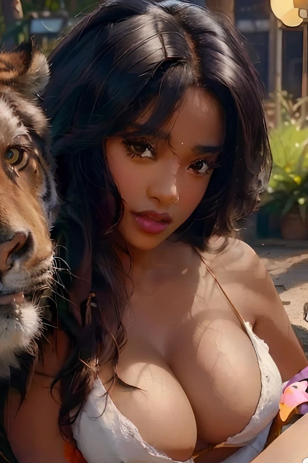 masterpiece, black girl best quality, making friends with the tiger, fun, happy, bright, loong,sexzy, realstic, big breast,breathtaking beauty, vibrant, comprehensive cinematic, 8k, cinematic lighting, best quality, 4k