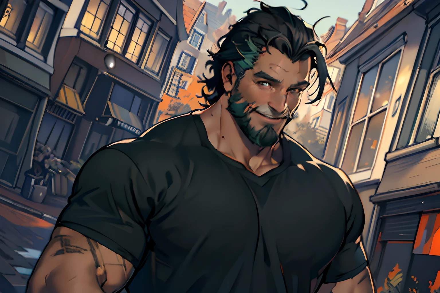 (masterpiece, highres, ultra detailed, best quality:1.2), (colorful, depth of field, dutch angle, person-centric:1.4), green light, reinhardt, old man, black hair, scar across eye, beard, detailed eyes and detailed face, handsome, smile, casual clothes, shirt soft light, sunlight, city street, looking away,