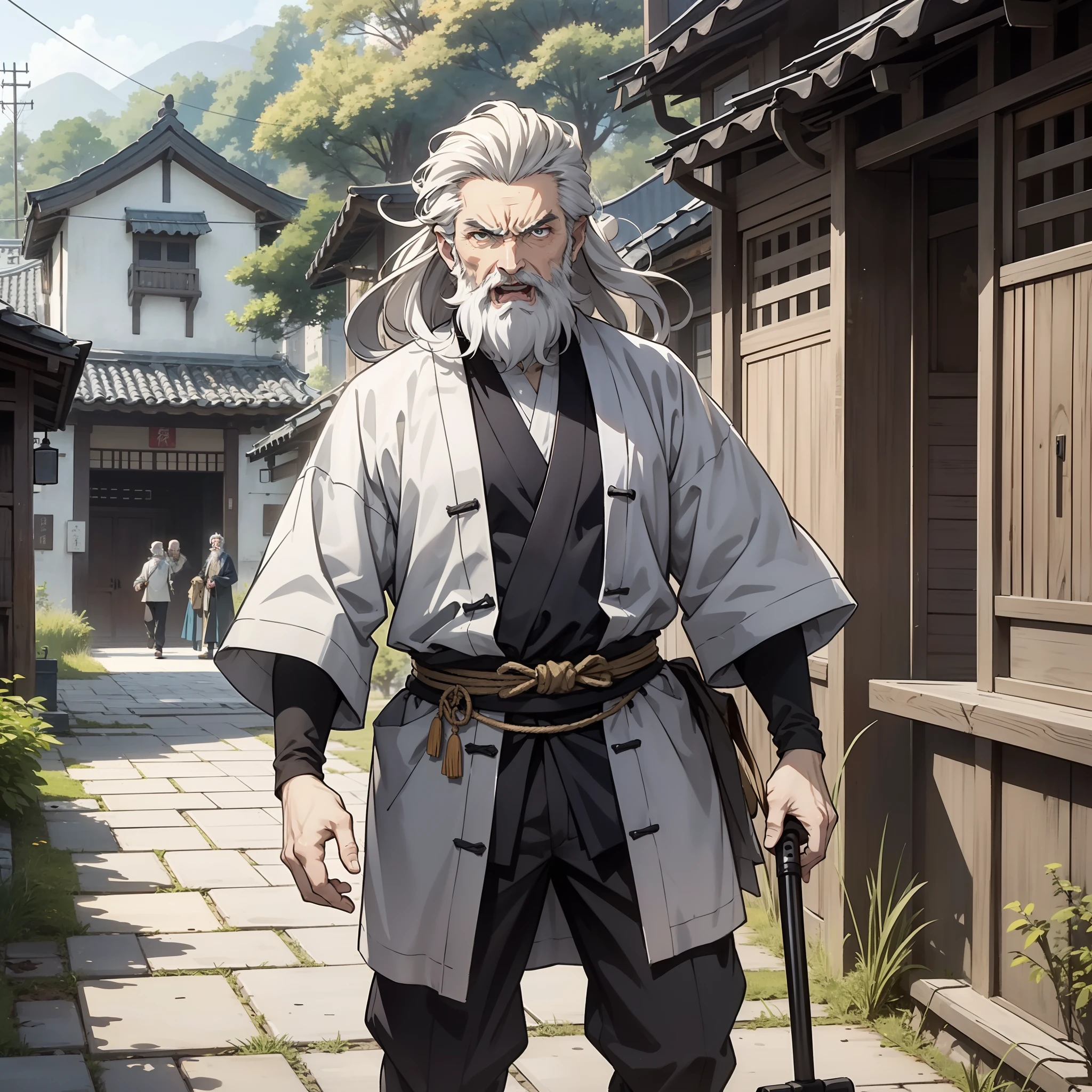 A few long white hairs,Ancient farmers in their 60s in gray Hanfu stood at the entrance of the village and roared angrily(1 person in a row.5)(Set in ancient Chinese village 1.5)(Tang Dynasty 1.5)style of anime4 K,Anime rendering,style of anime(Upper body display 1.5)(Angry roar 1.5)(Old Man 1.5)(Vicissitudes 1.5)(Cinematic lighting 1.5)(Beard 1.5)(Thin 1.5)(On crutches 1.5)
