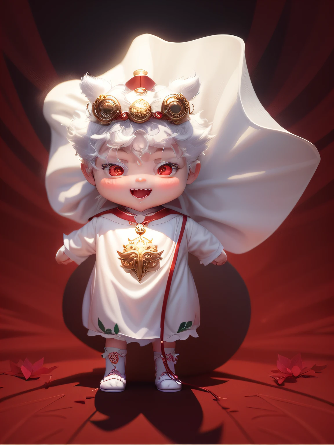 rays of sunshine、Vitality,Cute boys,There is a pendant on the chest ,Pink mouth,fang,No neck,Wear lotus leaves,Red lion dance hat,Humanity,Small body,big headed,White hair,short- sleeved,Not witty,cherubic,goodness,Flesh-colored skin,sin pantalon,mischievous,No socks,play tricks,patron saint of,coda